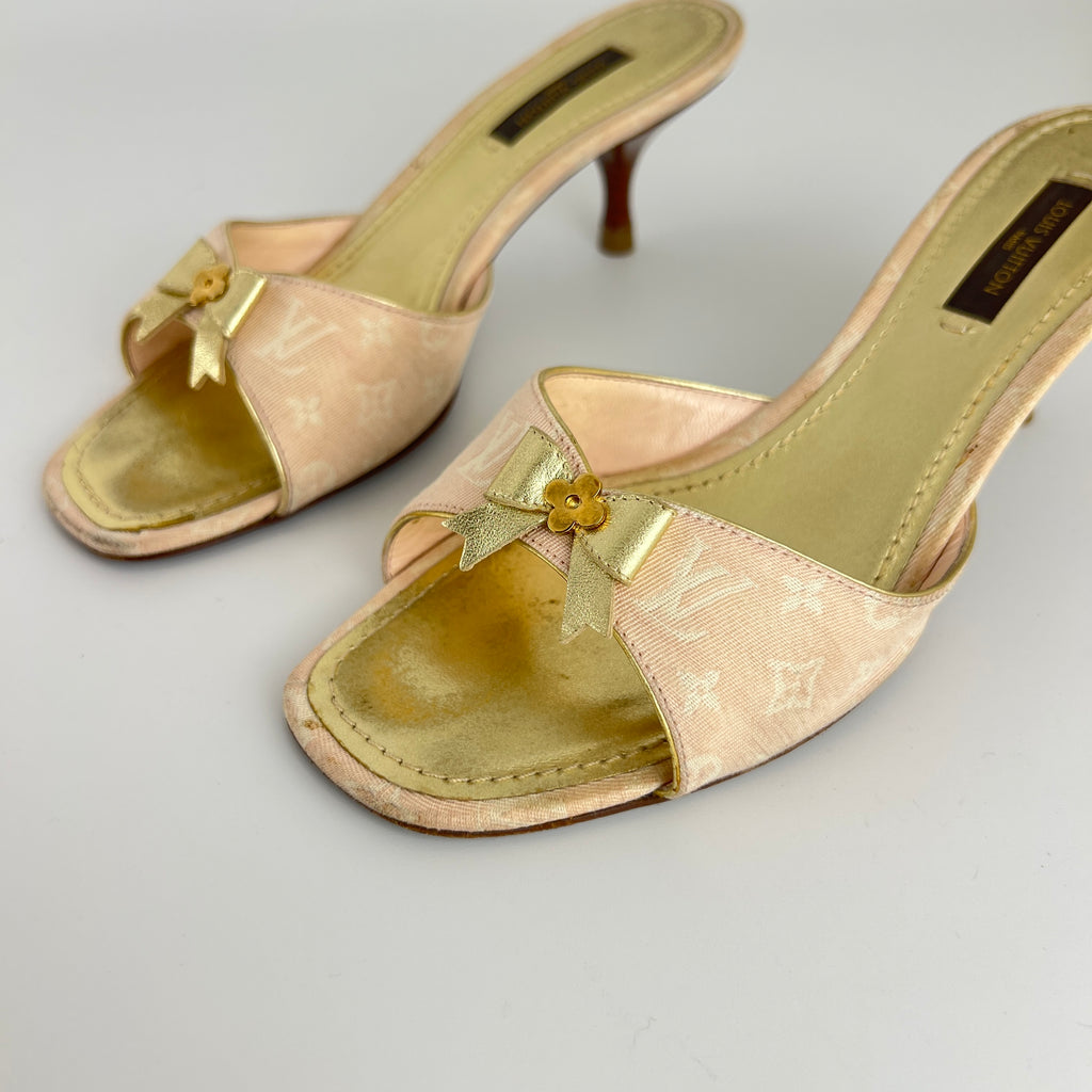 Louis Vuitton | Vintage Pink Monogram Canvas Gold Bow Slide Mules (35.5)
