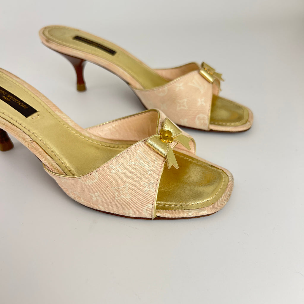 Louis Vuitton | Vintage Pink Monogram Canvas Gold Bow Slide Mules (35.5)