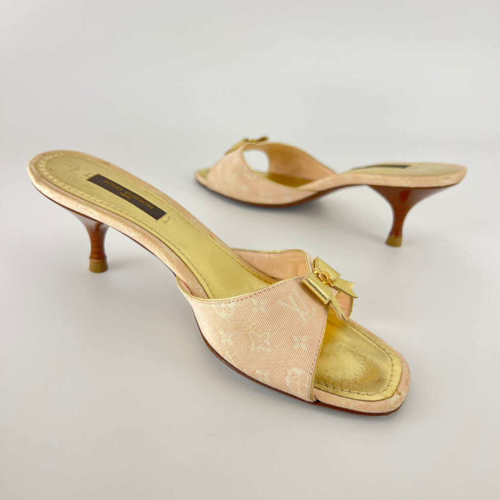 Louis Vuitton | Vintage Pink Monogram Canvas Gold Bow Slide Mules (35.5)