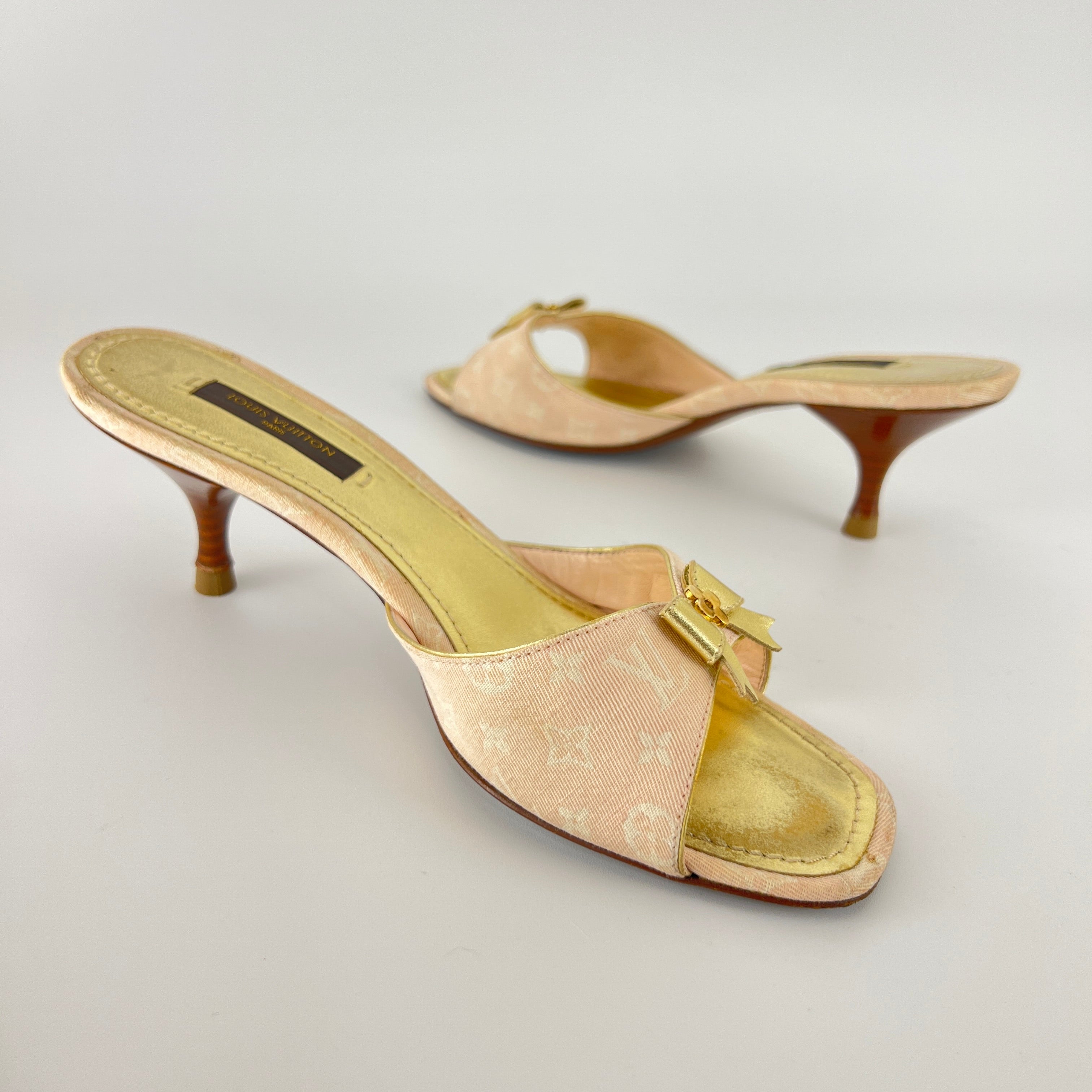 Louis Vuitton | Vintage Pink Monogram Canvas Gold Bow Slide Mules (35.5)