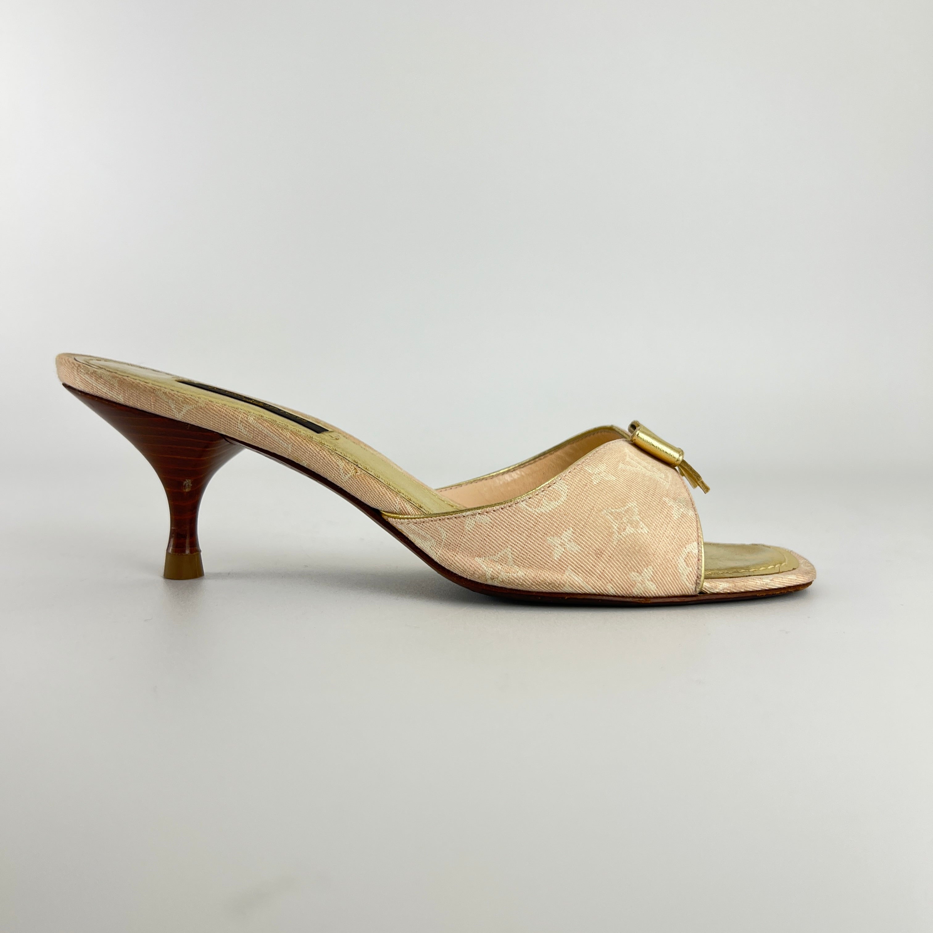 Louis Vuitton | Vintage Pink Monogram Canvas Gold Bow Slide Mules (35.5)