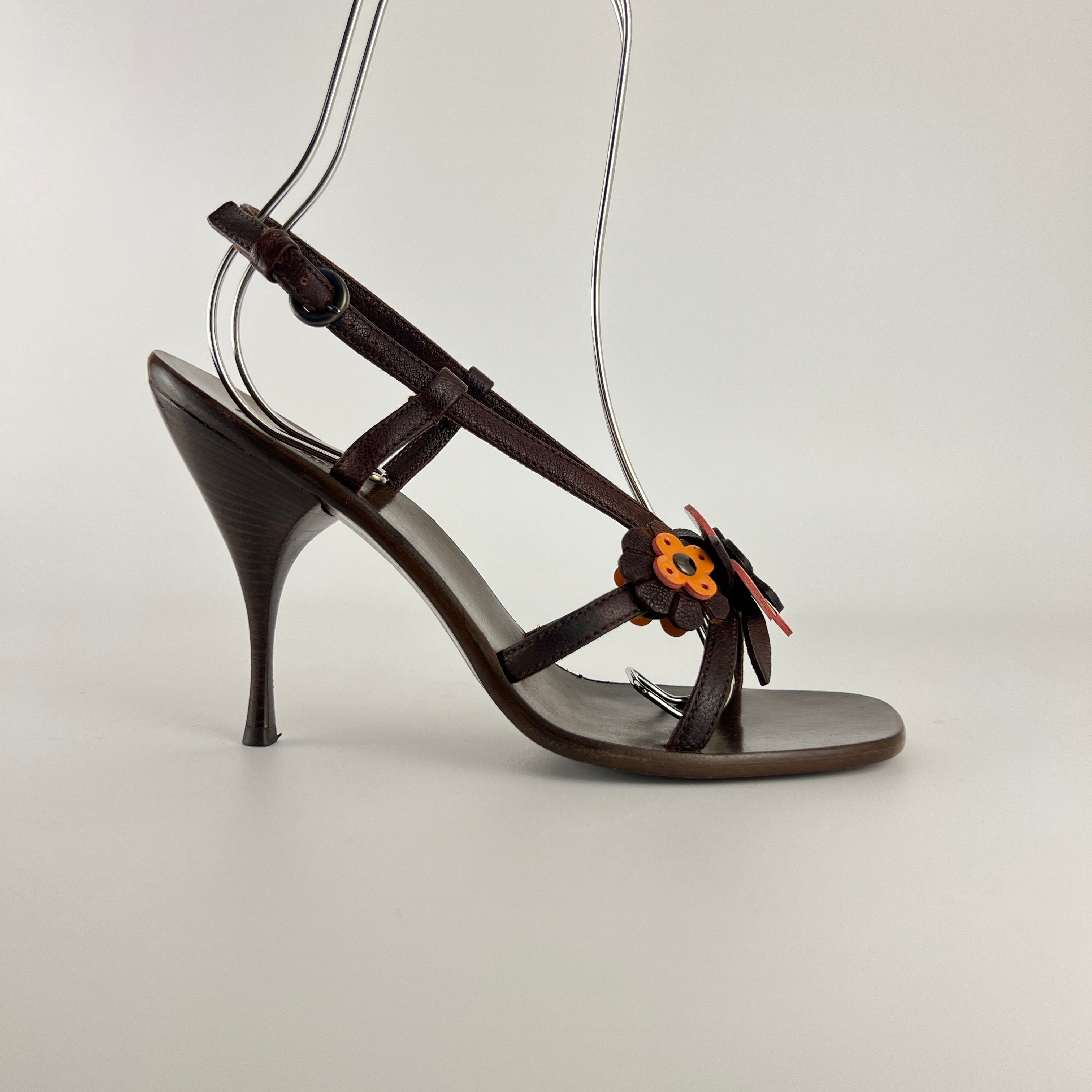 Miu Miu | Flower Applique Brown Orange Leather Strappy Sandal Heels (37)