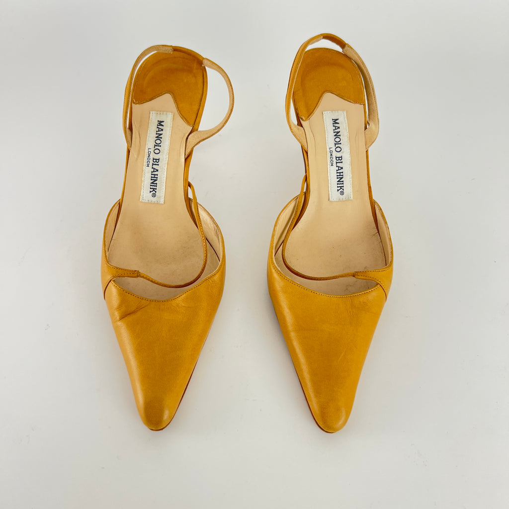 Manolo Blahnik | Vintage Nude Leather Cross Strap Pointed Toe Slingback Heels (37)