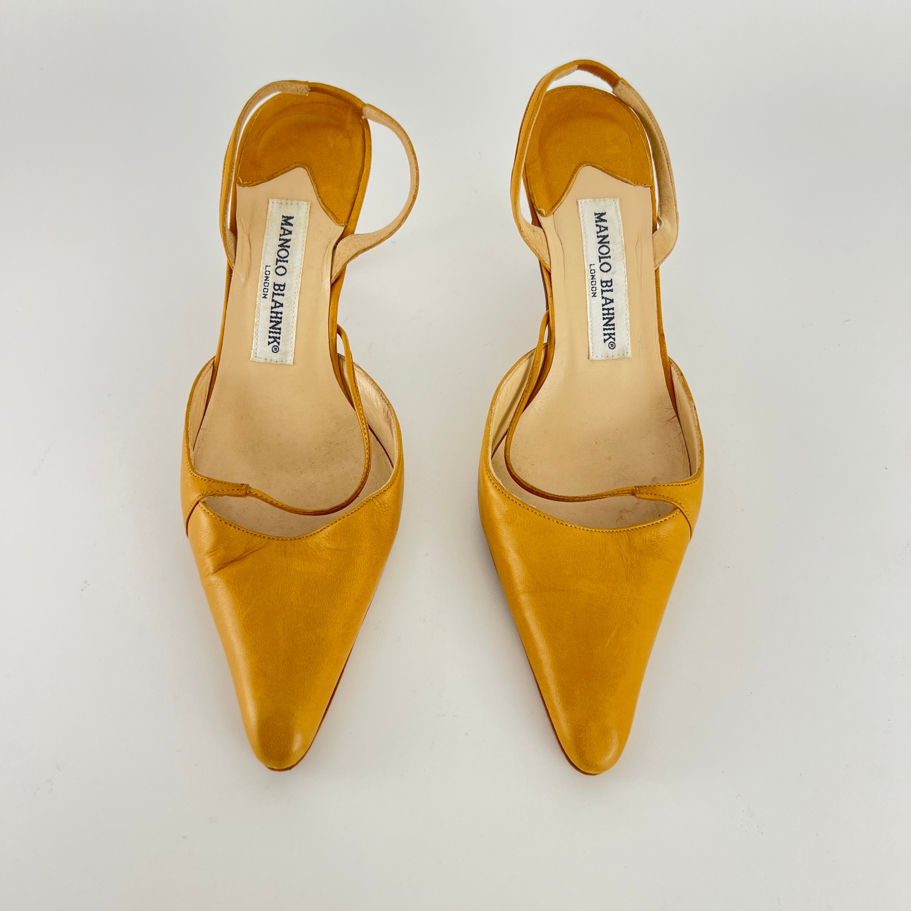 Manolo Blahnik | Vintage Nude Leather Cross Strap Pointed Toe Slingback Heels (37)