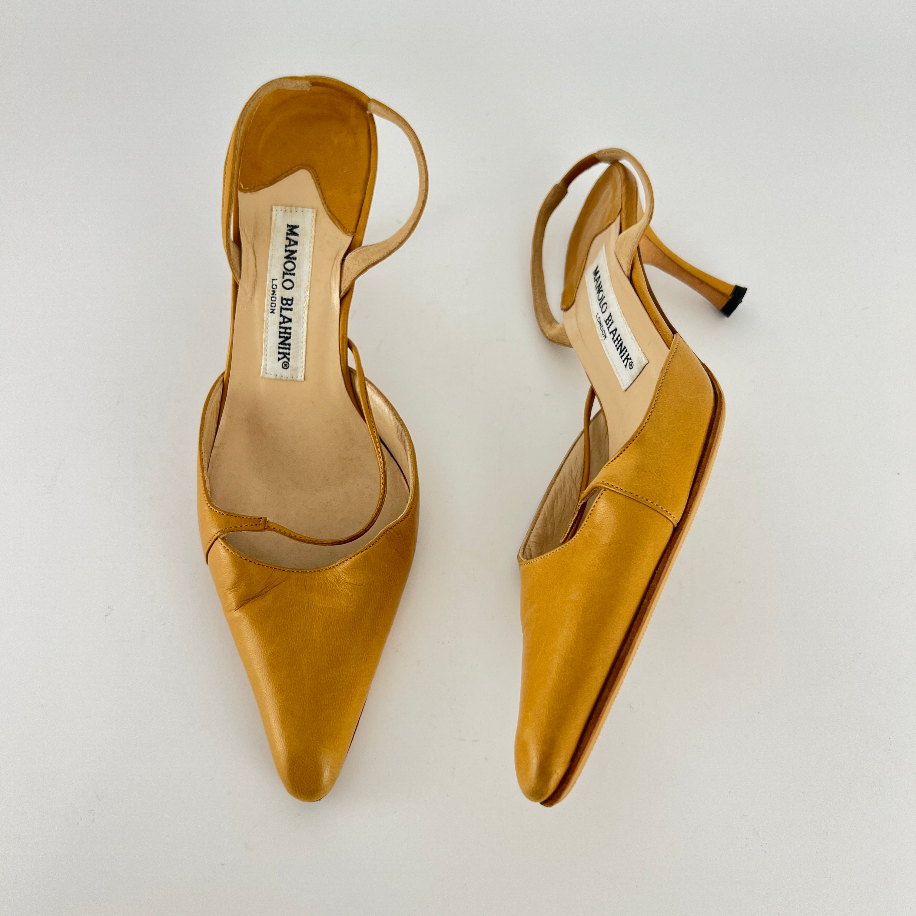 Manolo Blahnik | Vintage Nude Leather Cross Strap Pointed Toe Slingback Heels (37)