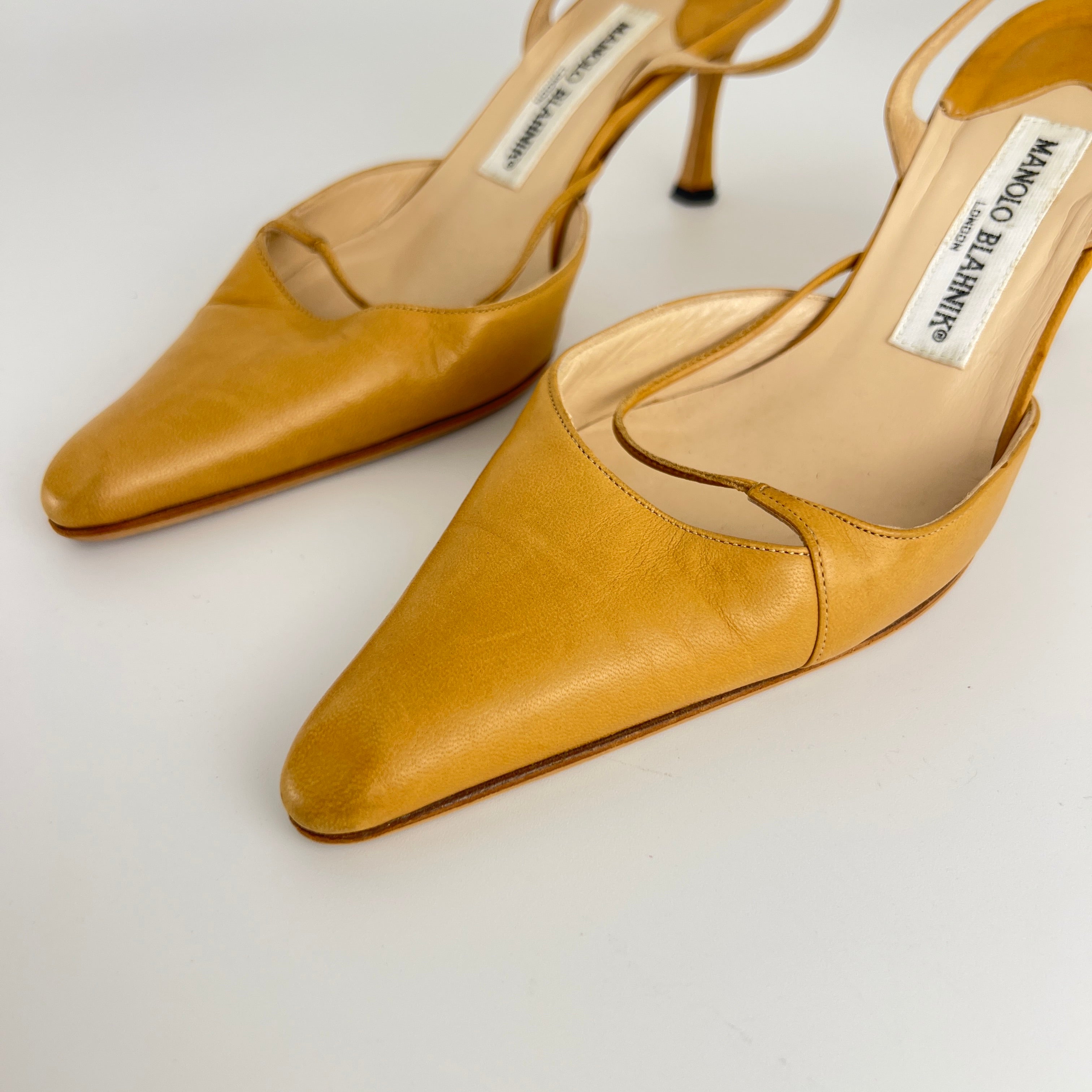 Manolo Blahnik | Vintage Nude Leather Cross Strap Pointed Toe Slingback Heels (37)