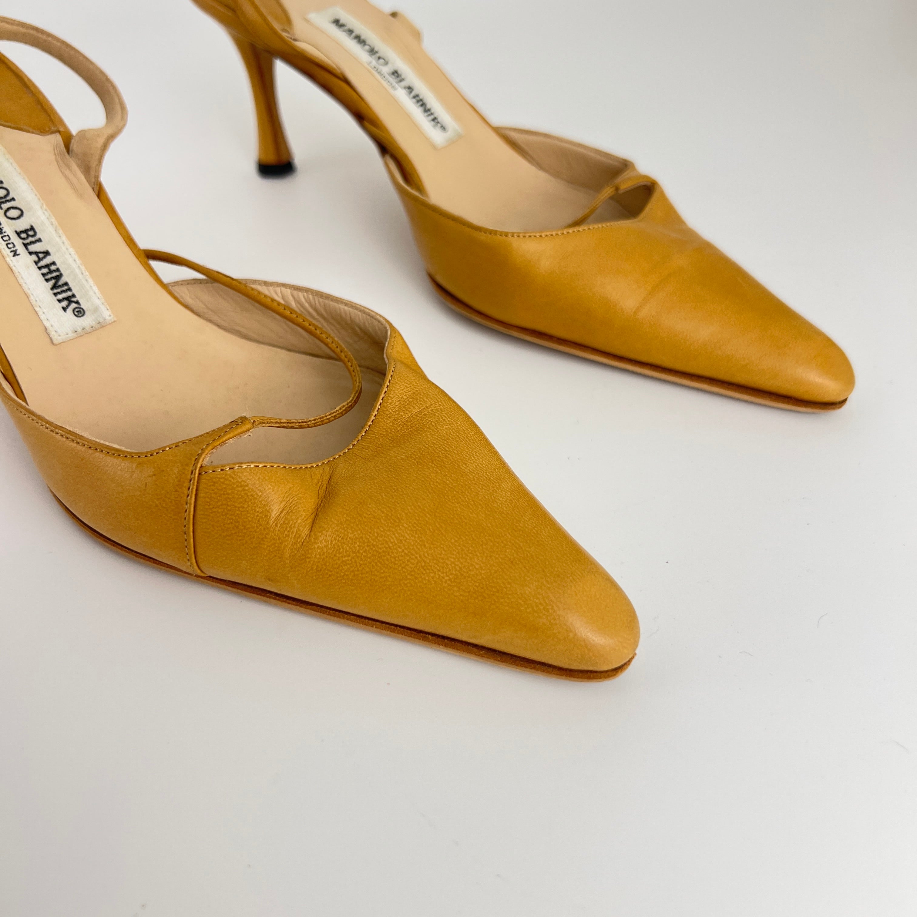 Manolo Blahnik | Vintage Nude Leather Cross Strap Pointed Toe Slingback Heels (37)