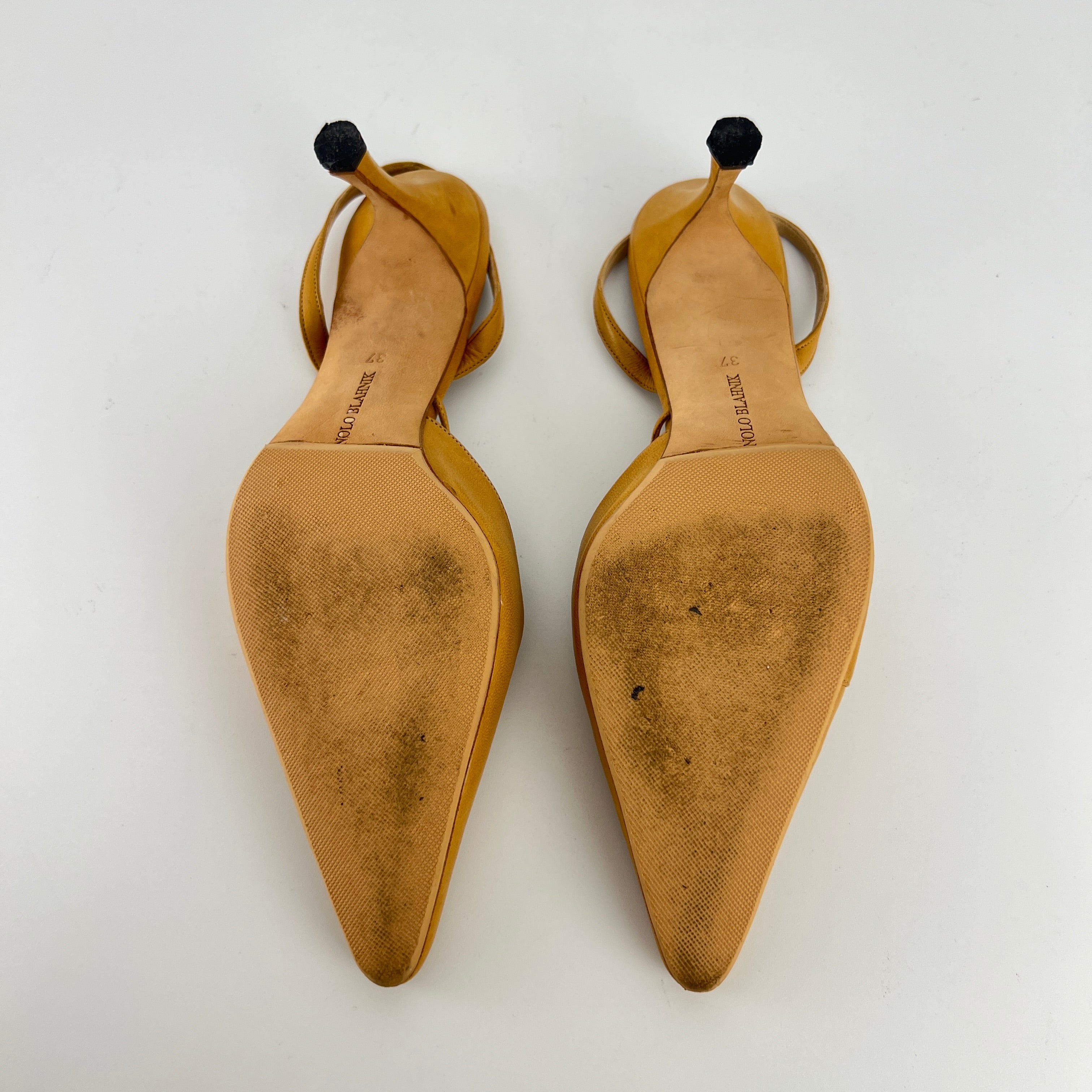 Manolo Blahnik | Vintage Nude Leather Cross Strap Pointed Toe Slingback Heels (37)
