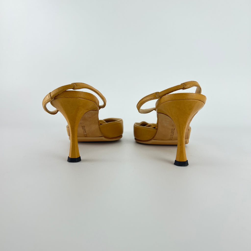 Manolo Blahnik | Vintage Nude Leather Cross Strap Pointed Toe Slingback Heels (37)