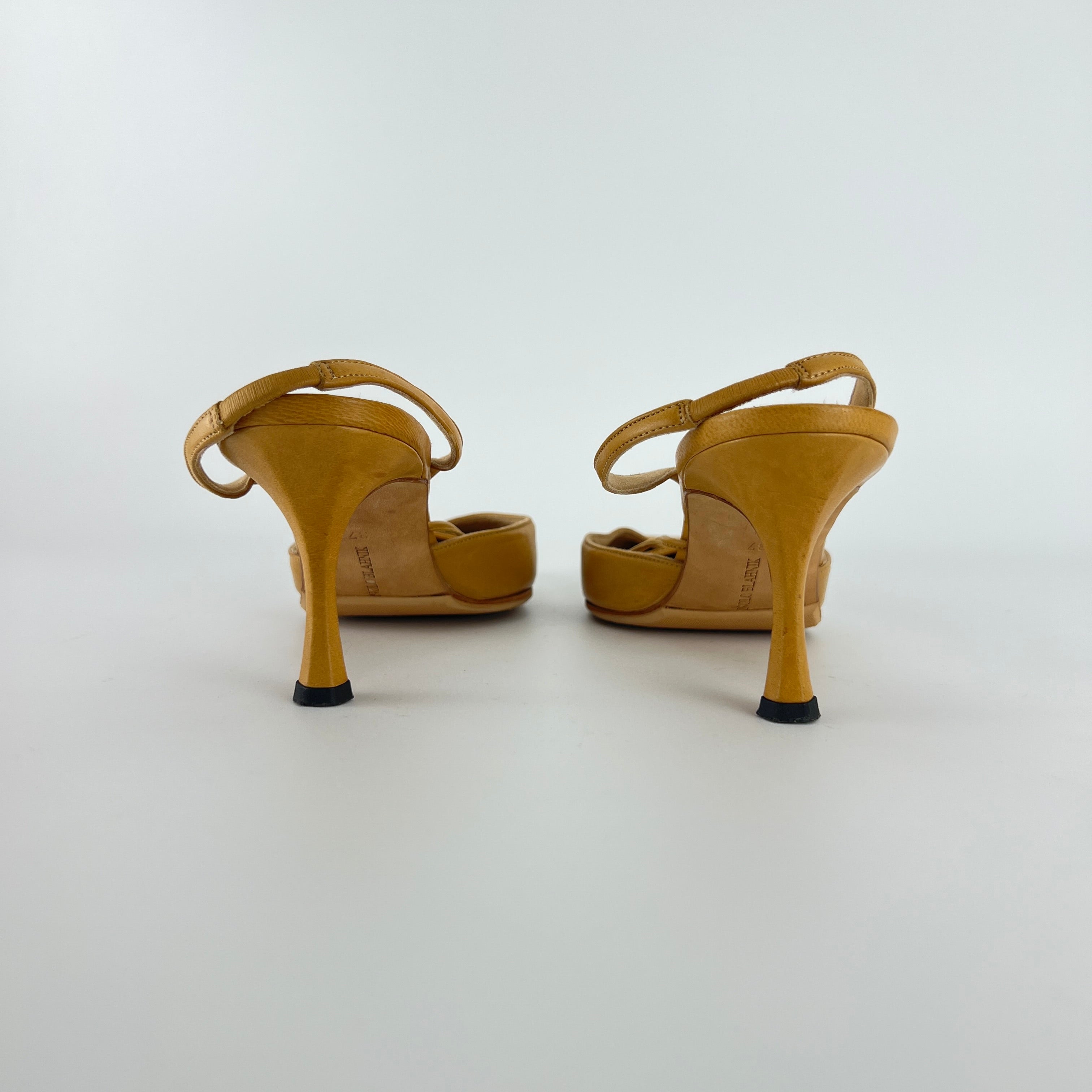 Manolo Blahnik | Vintage Nude Leather Cross Strap Pointed Toe Slingback Heels (37)