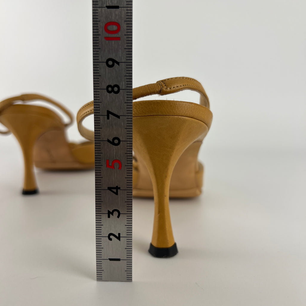 Manolo Blahnik | Vintage Nude Leather Cross Strap Pointed Toe Slingback Heels (37)