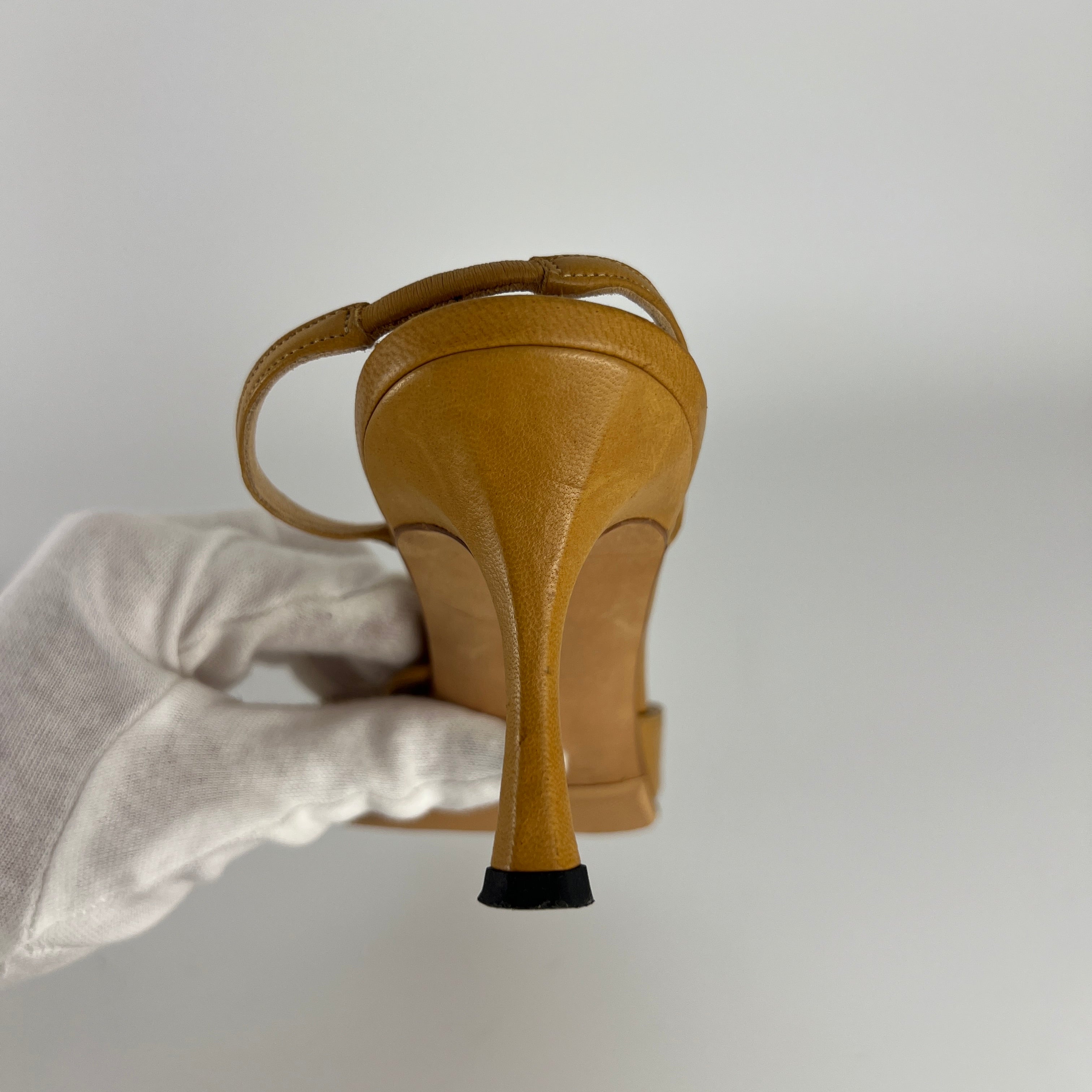 Manolo Blahnik | Vintage Nude Leather Cross Strap Pointed Toe Slingback Heels (37)