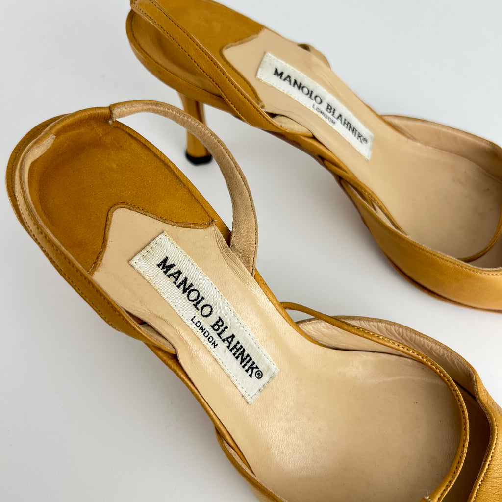Manolo Blahnik | Vintage Nude Leather Cross Strap Pointed Toe Slingback Heels (37)