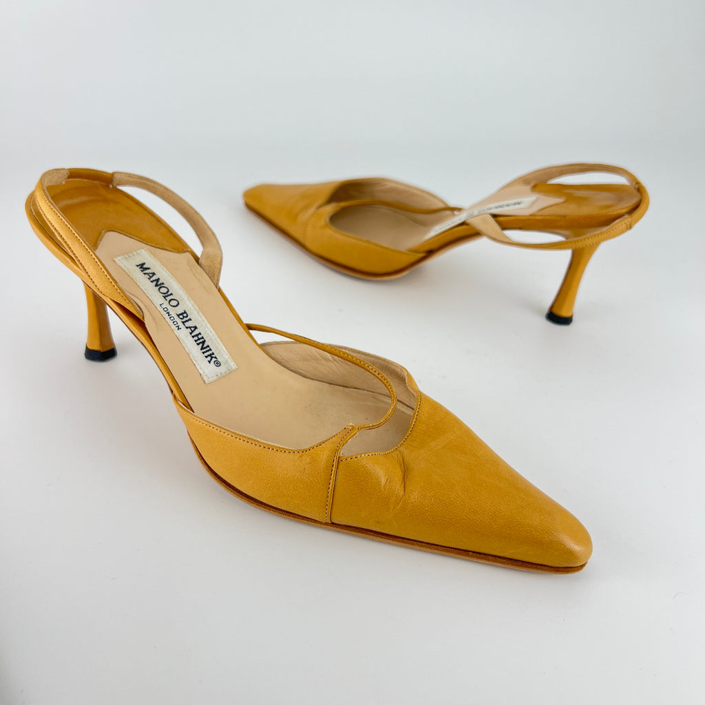 Manolo Blahnik | Vintage Nude Leather Cross Strap Pointed Toe Slingback Heels (37)
