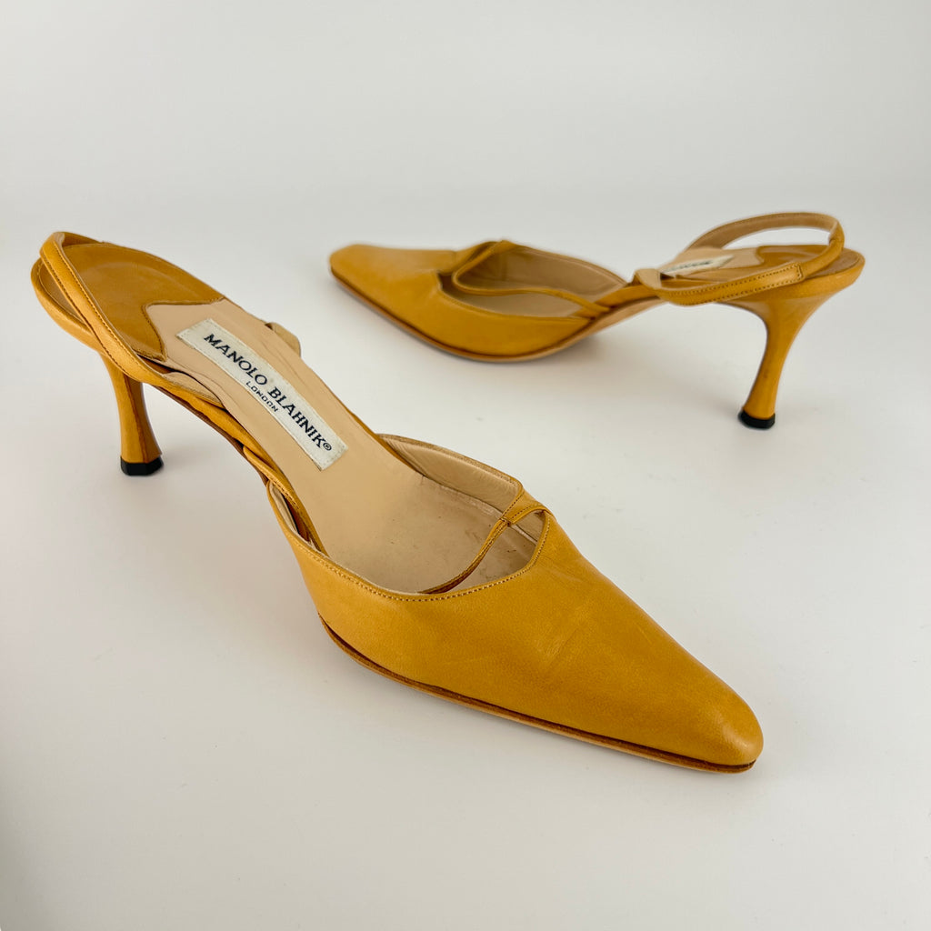 Manolo Blahnik | Vintage Nude Leather Cross Strap Pointed Toe Slingback Heels (37)