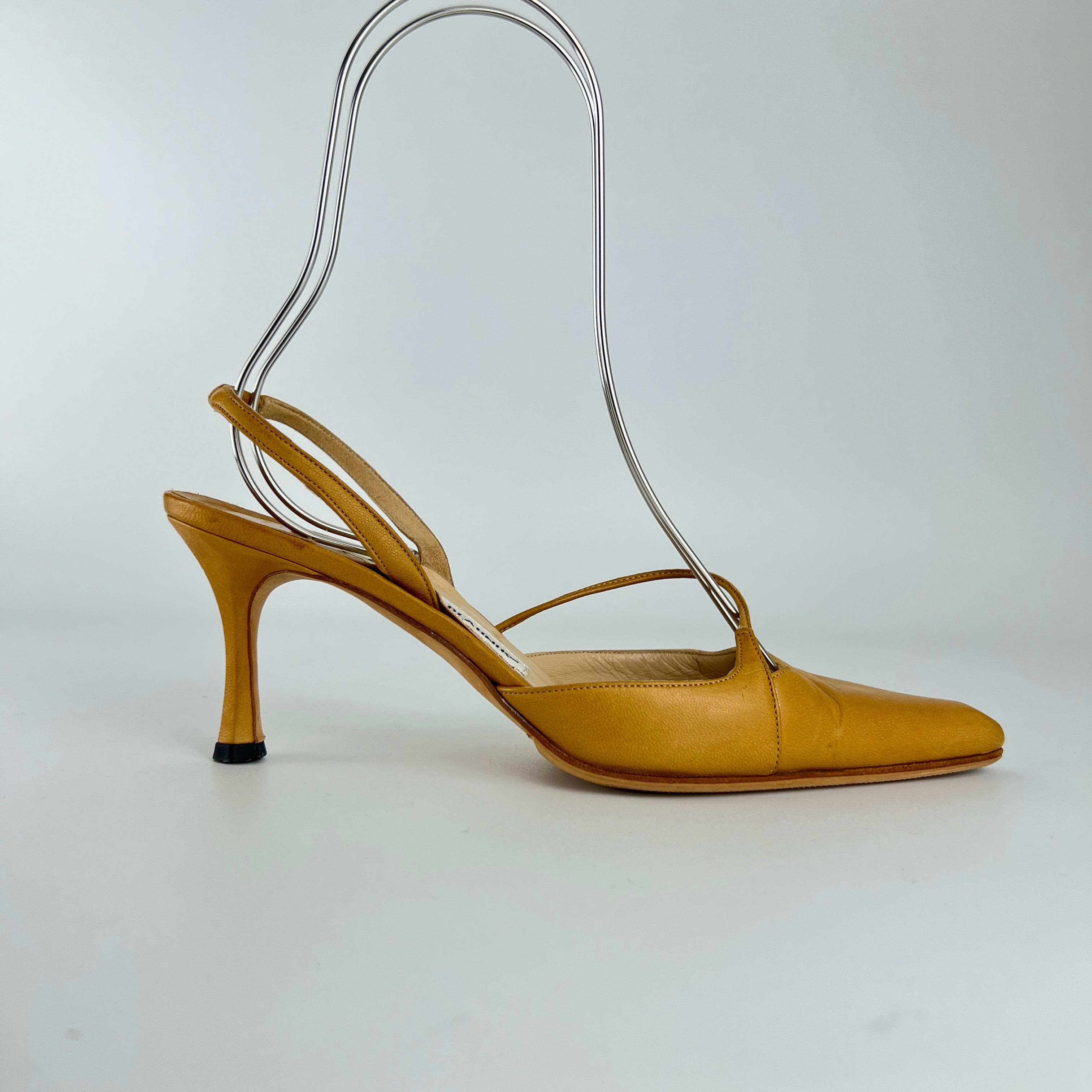 Manolo Blahnik | Vintage Nude Leather Cross Strap Pointed Toe Slingback Heels (37)