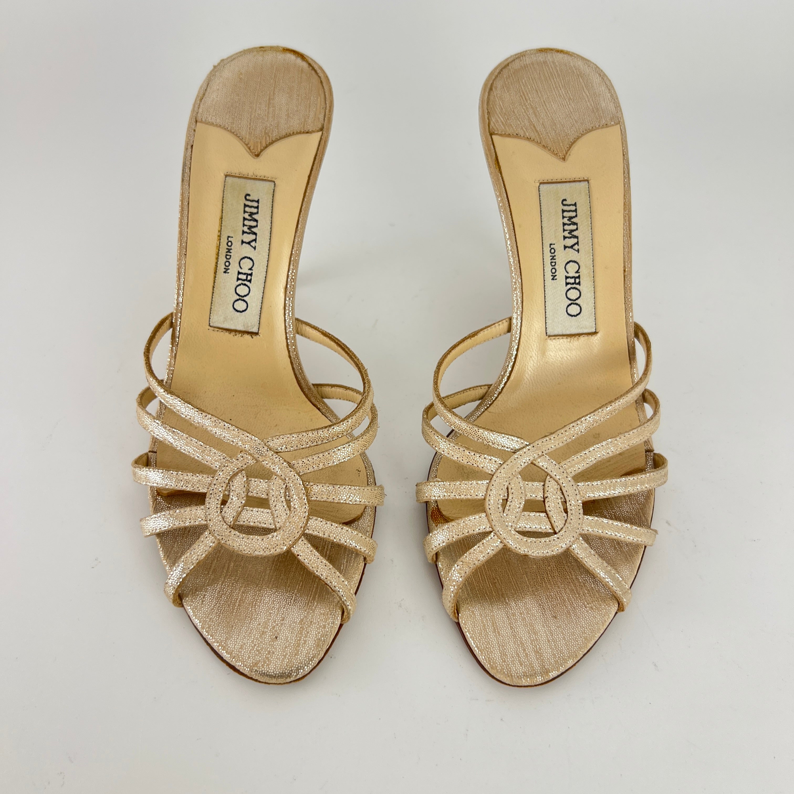 Jimmy Choo | Metallic Silver Leather Strappy Cage Slide Mules (37)
