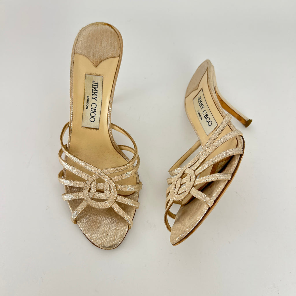 Jimmy Choo | Metallic Silver Leather Strappy Cage Slide Mules (37)