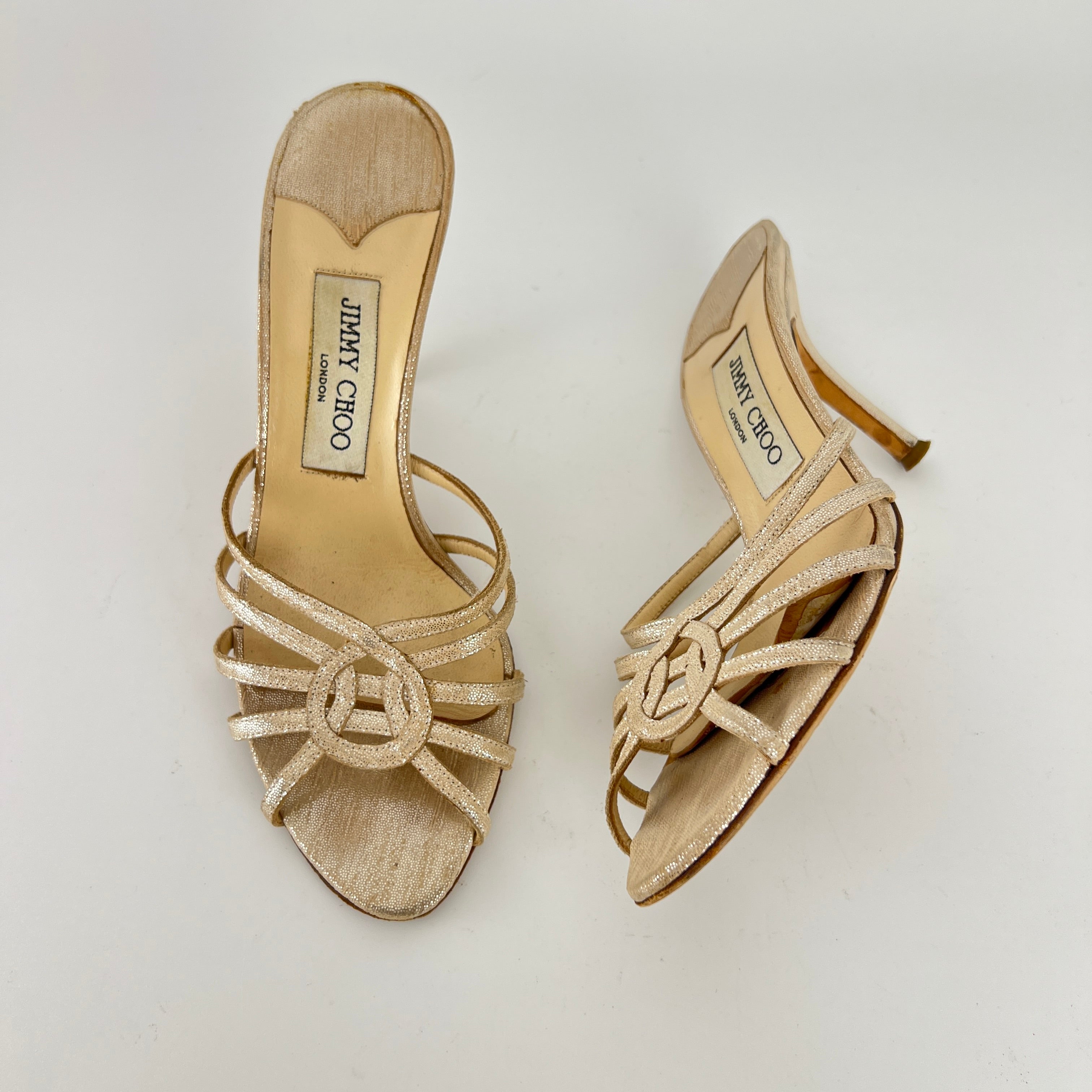 Jimmy Choo | Metallic Silver Leather Strappy Cage Slide Mules (37)