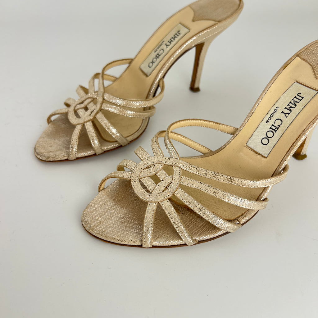 Jimmy Choo | Metallic Silver Leather Strappy Cage Slide Mules (37)