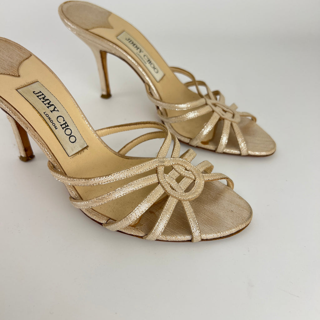 Jimmy Choo | Metallic Silver Leather Strappy Cage Slide Mules (37)