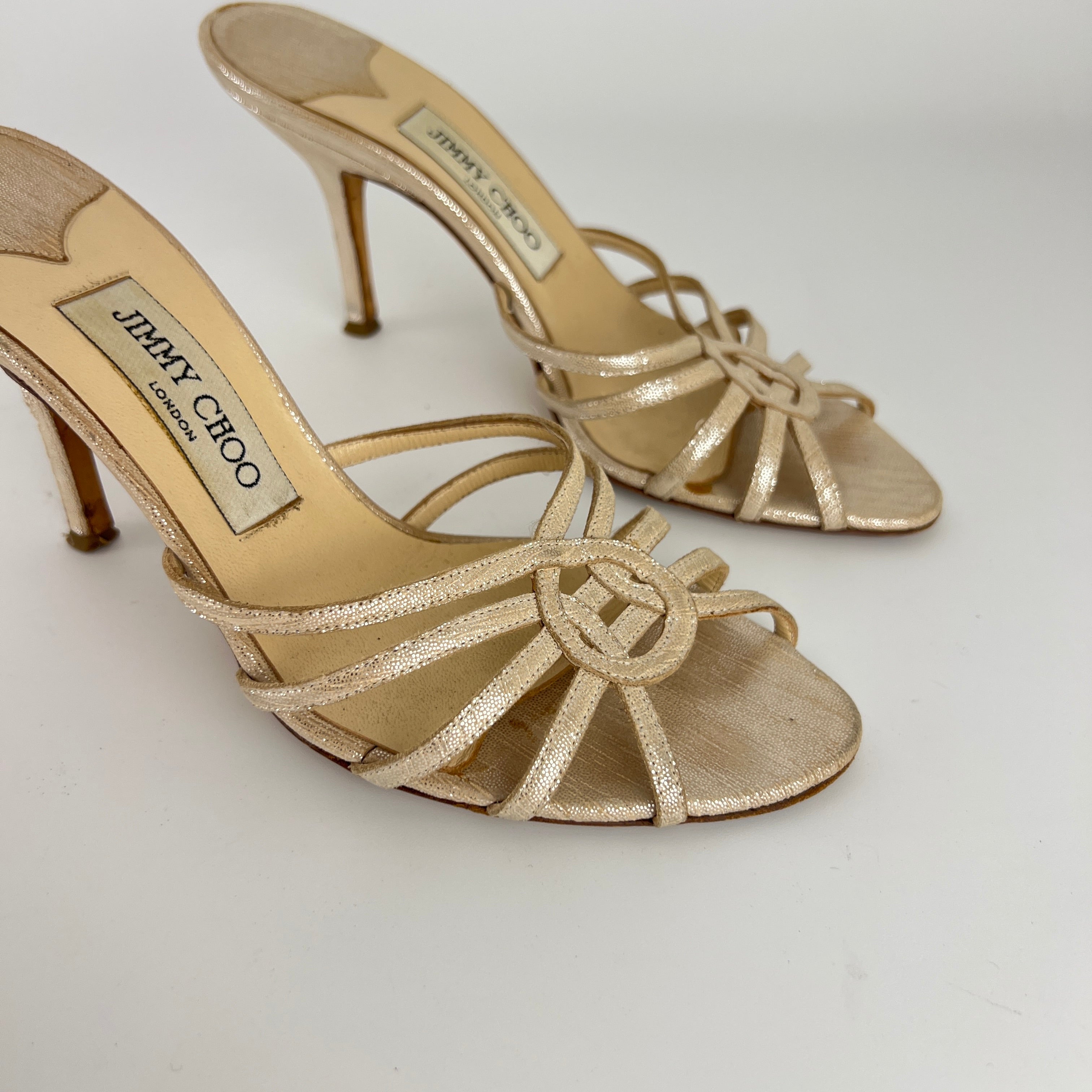 Jimmy Choo | Metallic Silver Leather Strappy Cage Slide Mules (37)