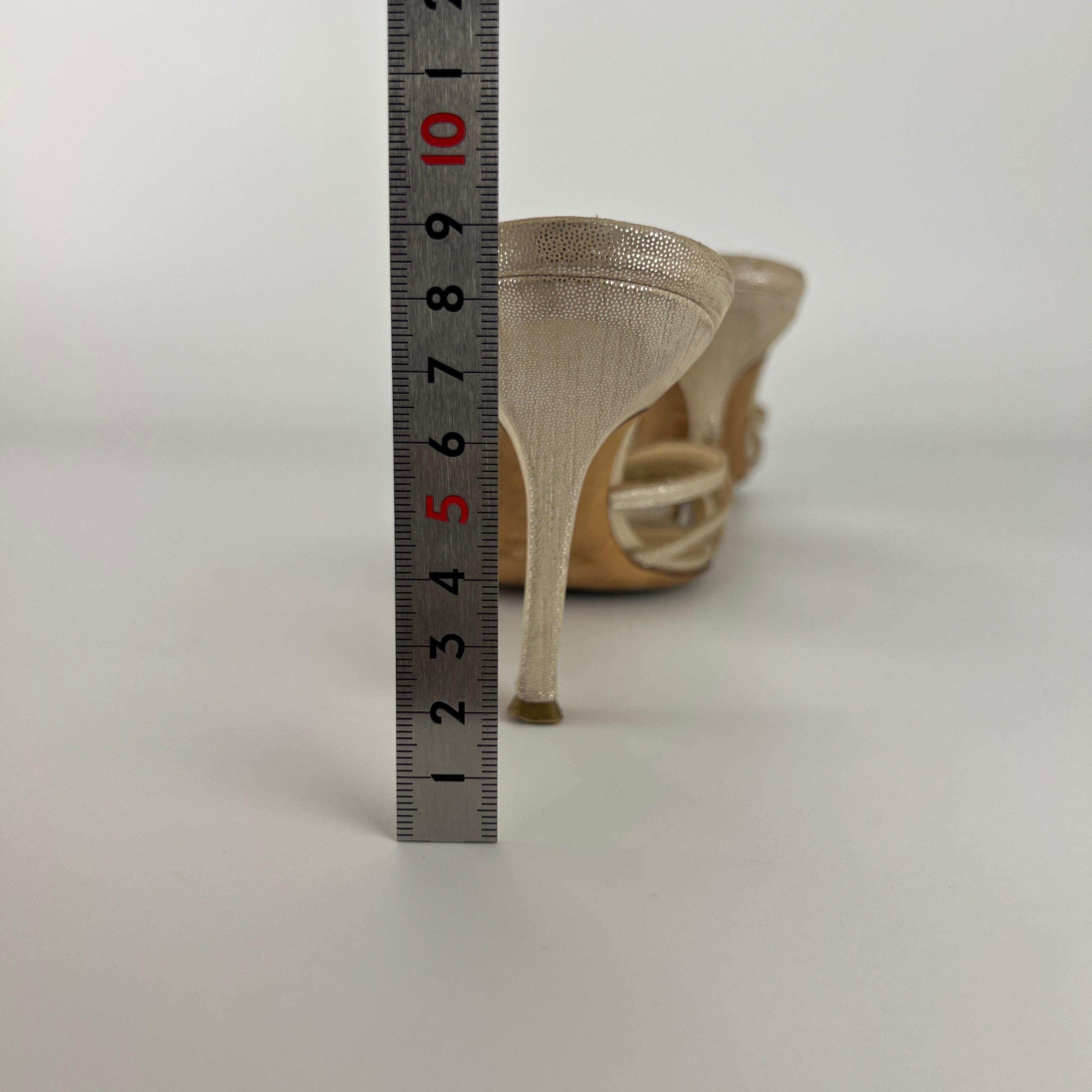 Jimmy Choo | Metallic Silver Leather Strappy Cage Slide Mules (37)