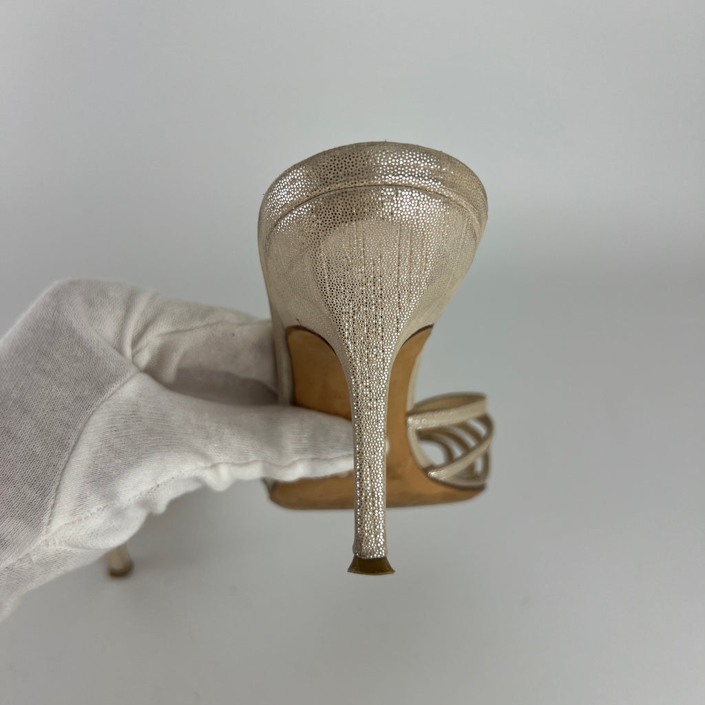 Jimmy Choo | Metallic Silver Leather Strappy Cage Slide Mules (37)