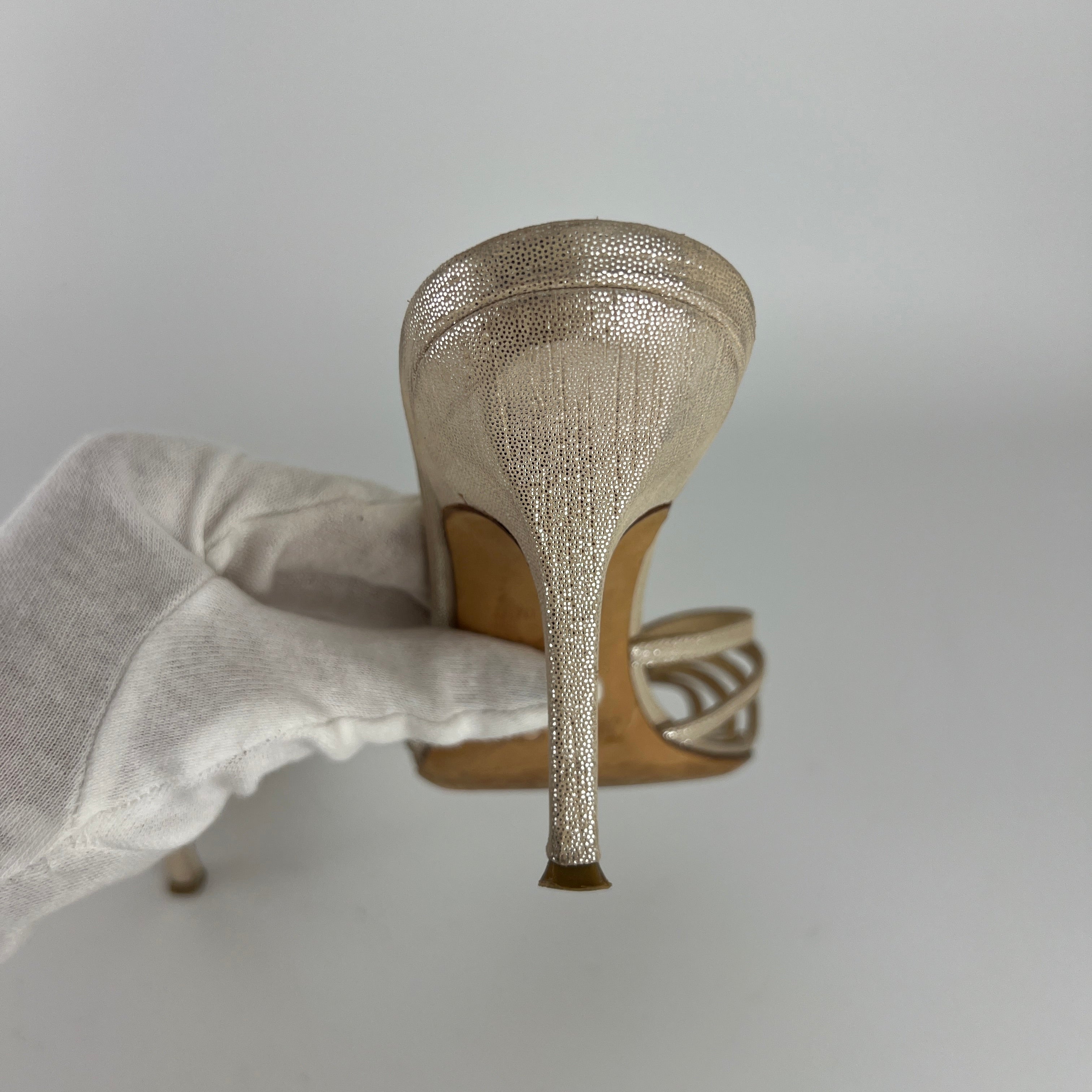 Jimmy Choo | Metallic Silver Leather Strappy Cage Slide Mules (37)