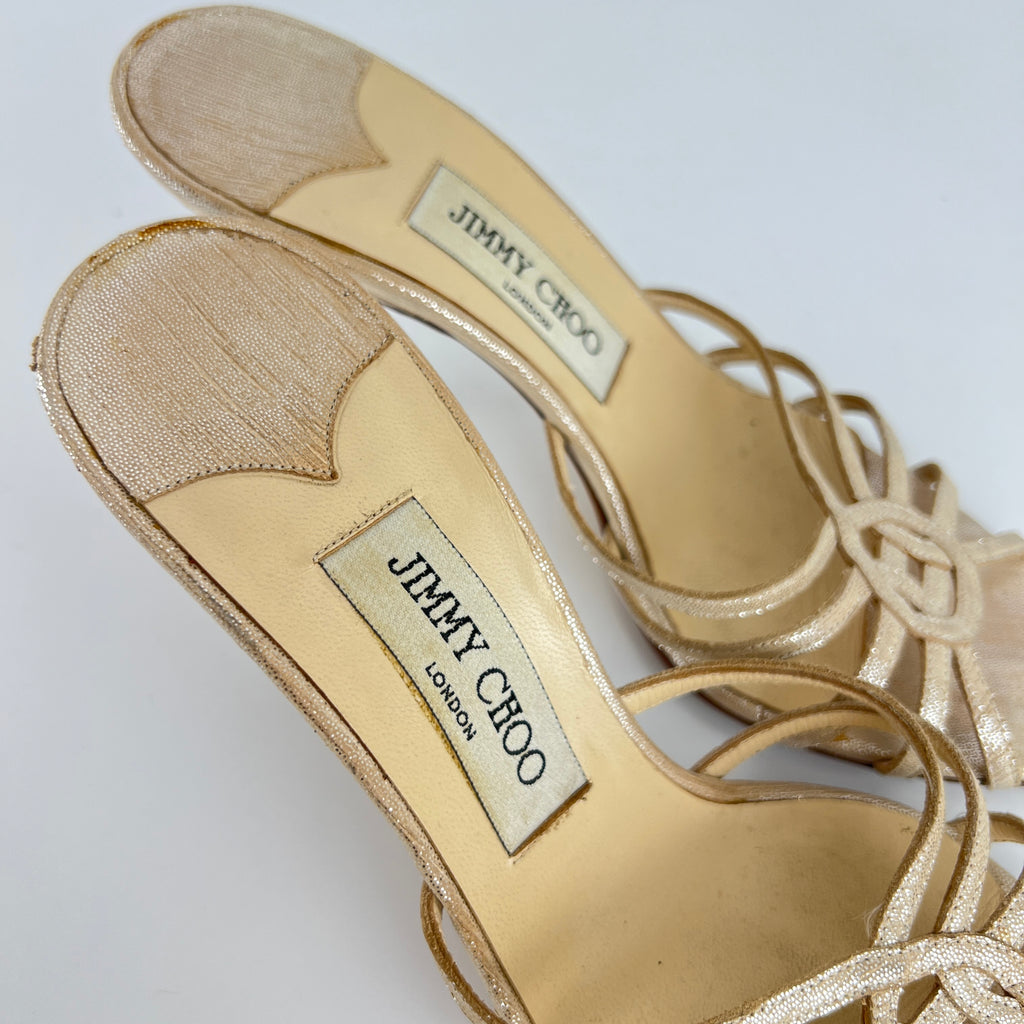 Jimmy Choo | Metallic Silver Leather Strappy Cage Slide Mules (37)