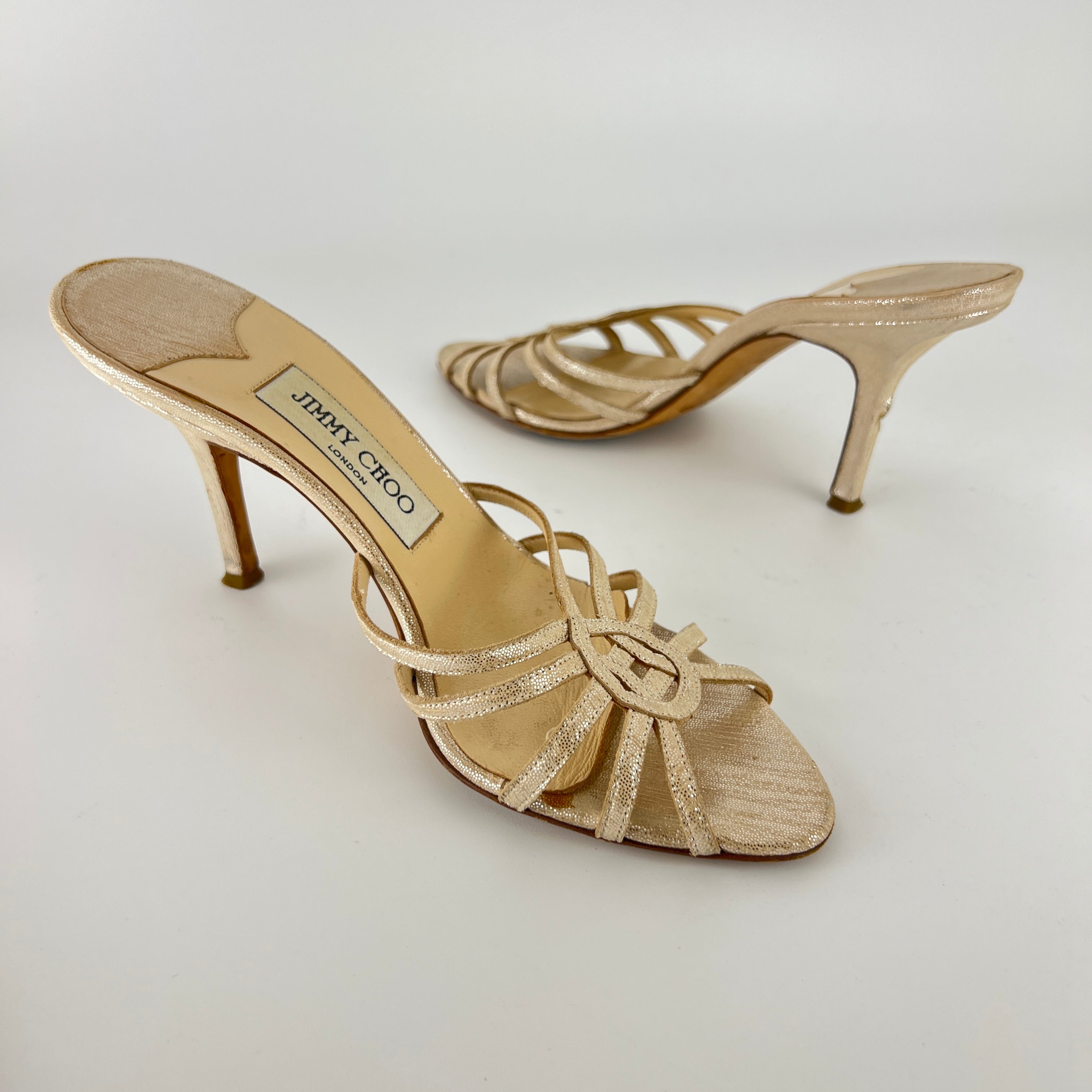 Jimmy Choo | Metallic Silver Leather Strappy Cage Slide Mules (37)