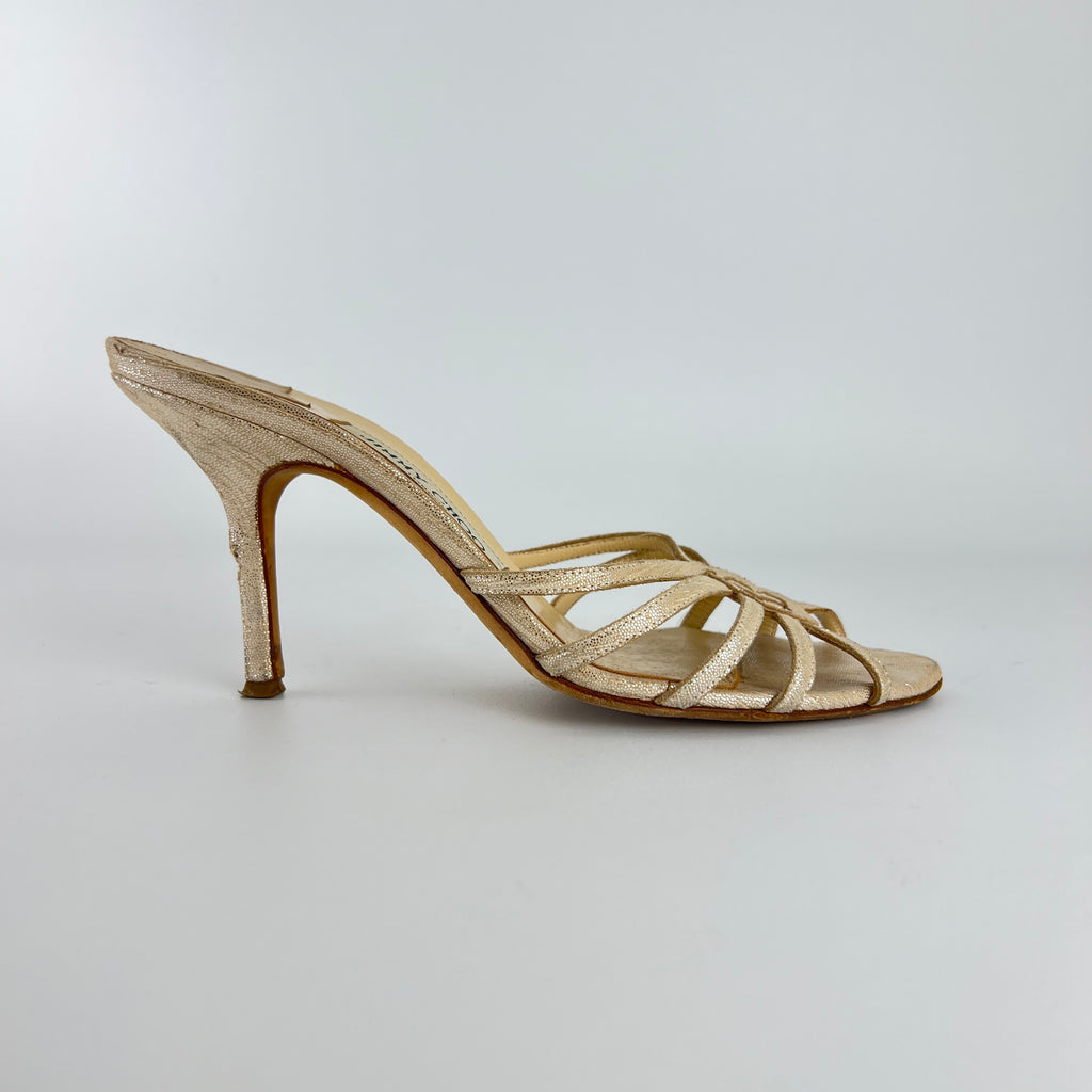Jimmy Choo | Metallic Silver Leather Strappy Cage Slide Mules (37)