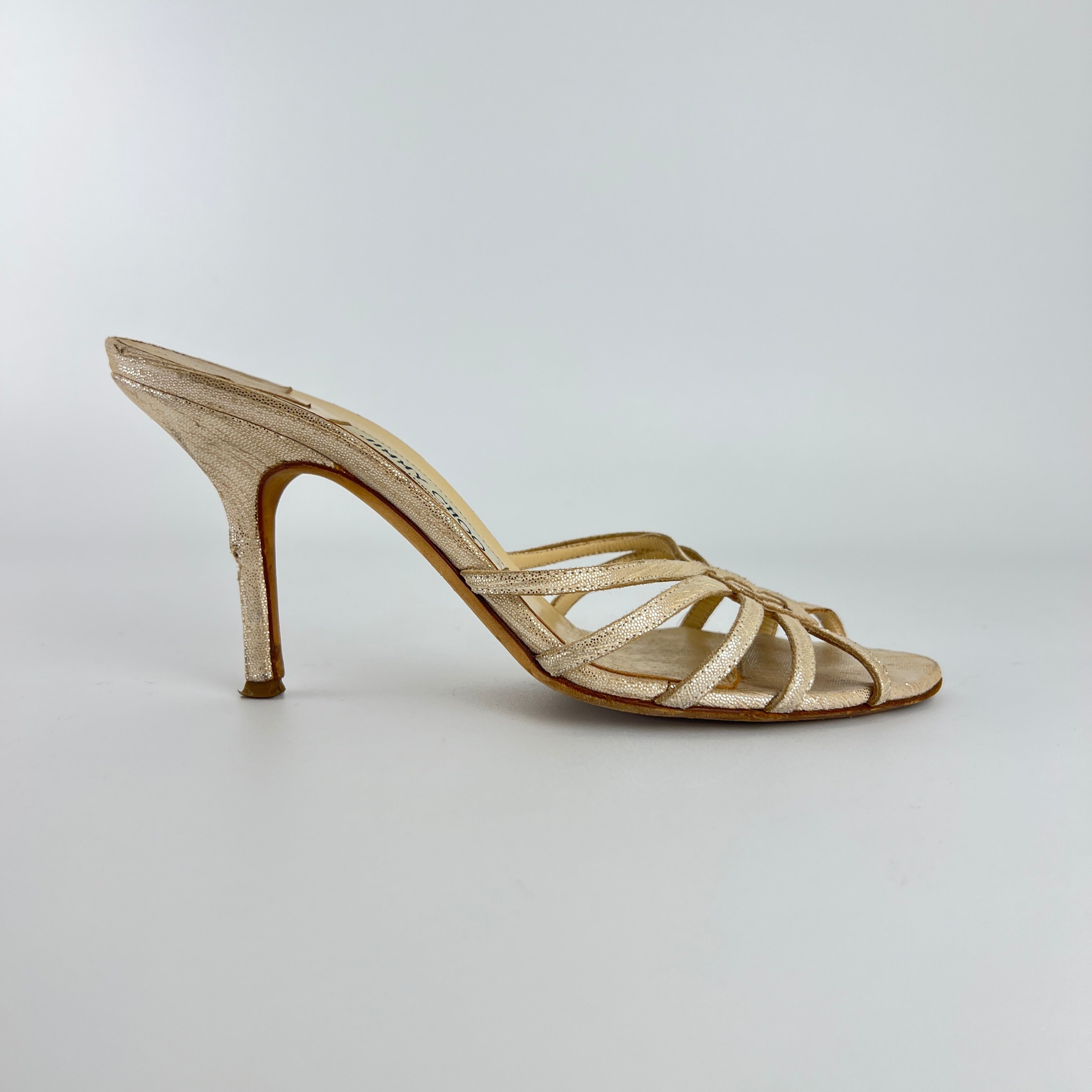 Jimmy Choo | Metallic Silver Leather Strappy Cage Slide Mules (37)
