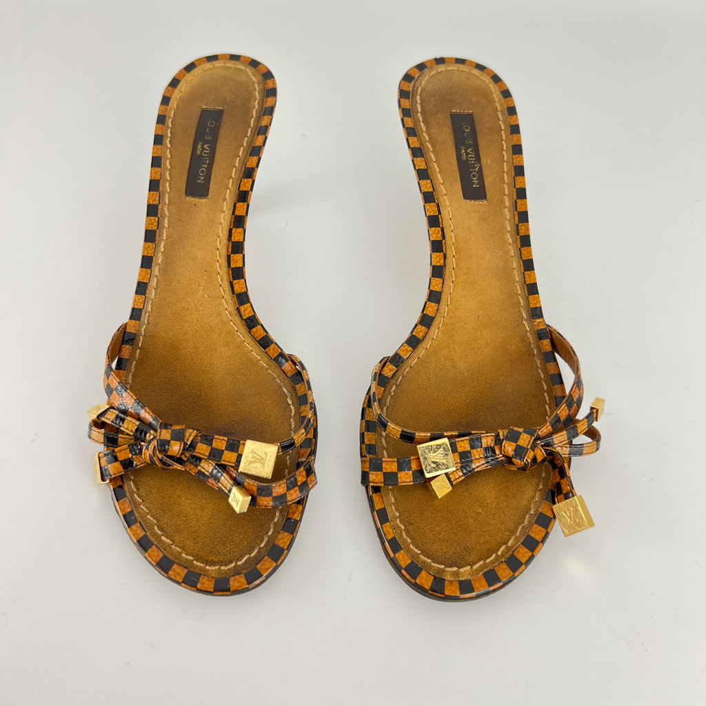 Louis Vuitton | Vintage Damier Gold Logo Checkered Kitten Heel Slide Mules (36)