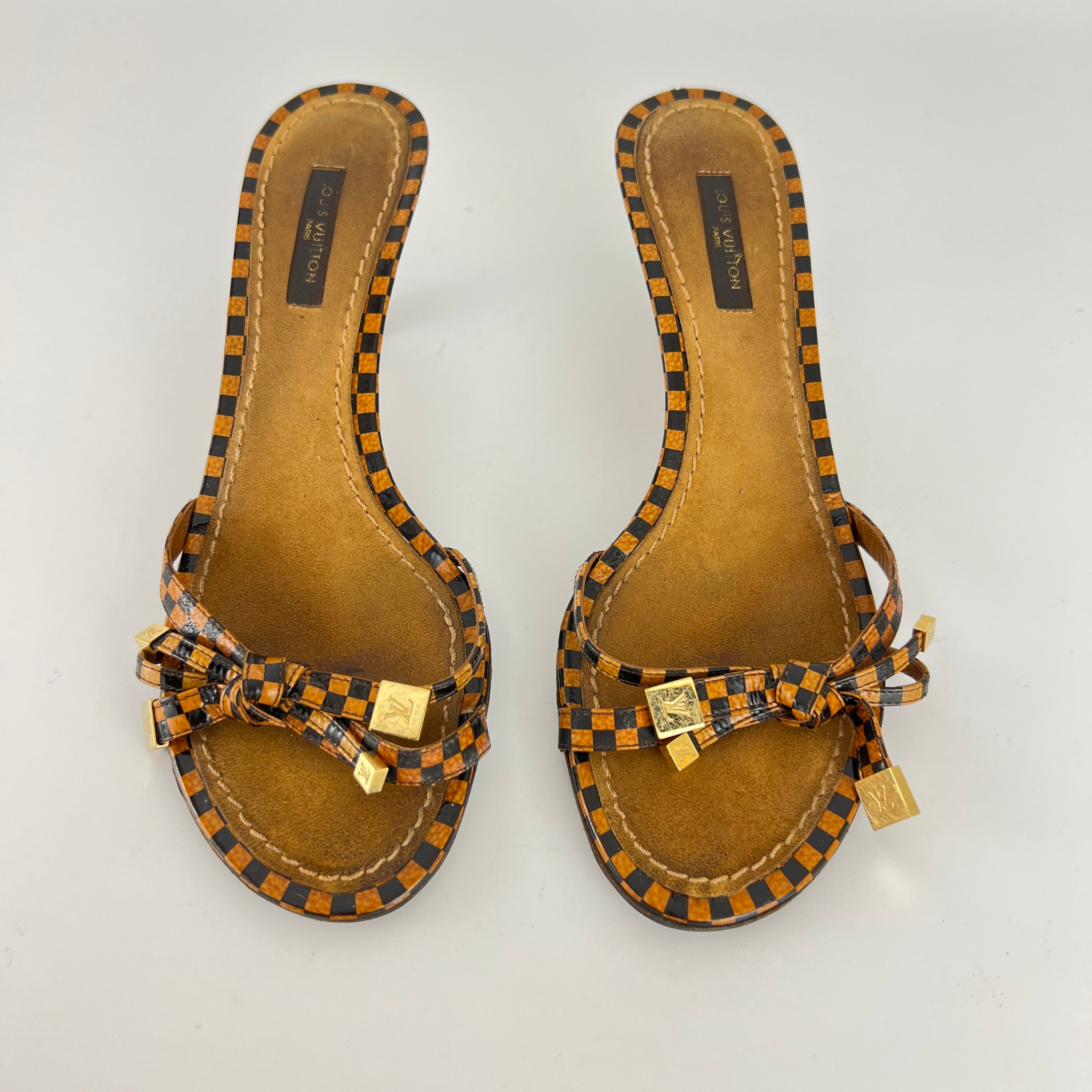 Louis Vuitton | Vintage Damier Gold Logo Checkered Kitten Heel Slide Mules (36)