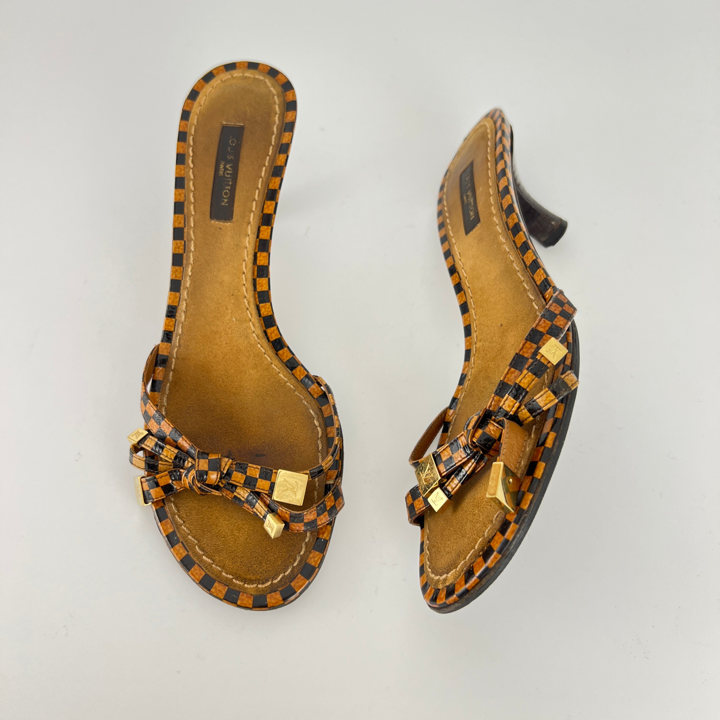 Louis Vuitton | Vintage Damier Gold Logo Checkered Kitten Heel Slide Mules (36)