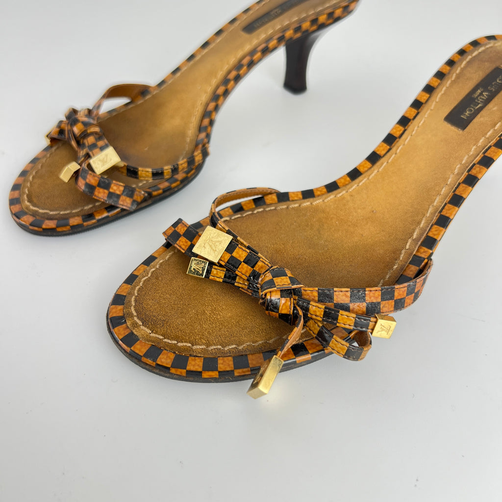 Louis Vuitton | Vintage Damier Gold Logo Checkered Kitten Heel Slide Mules (36)