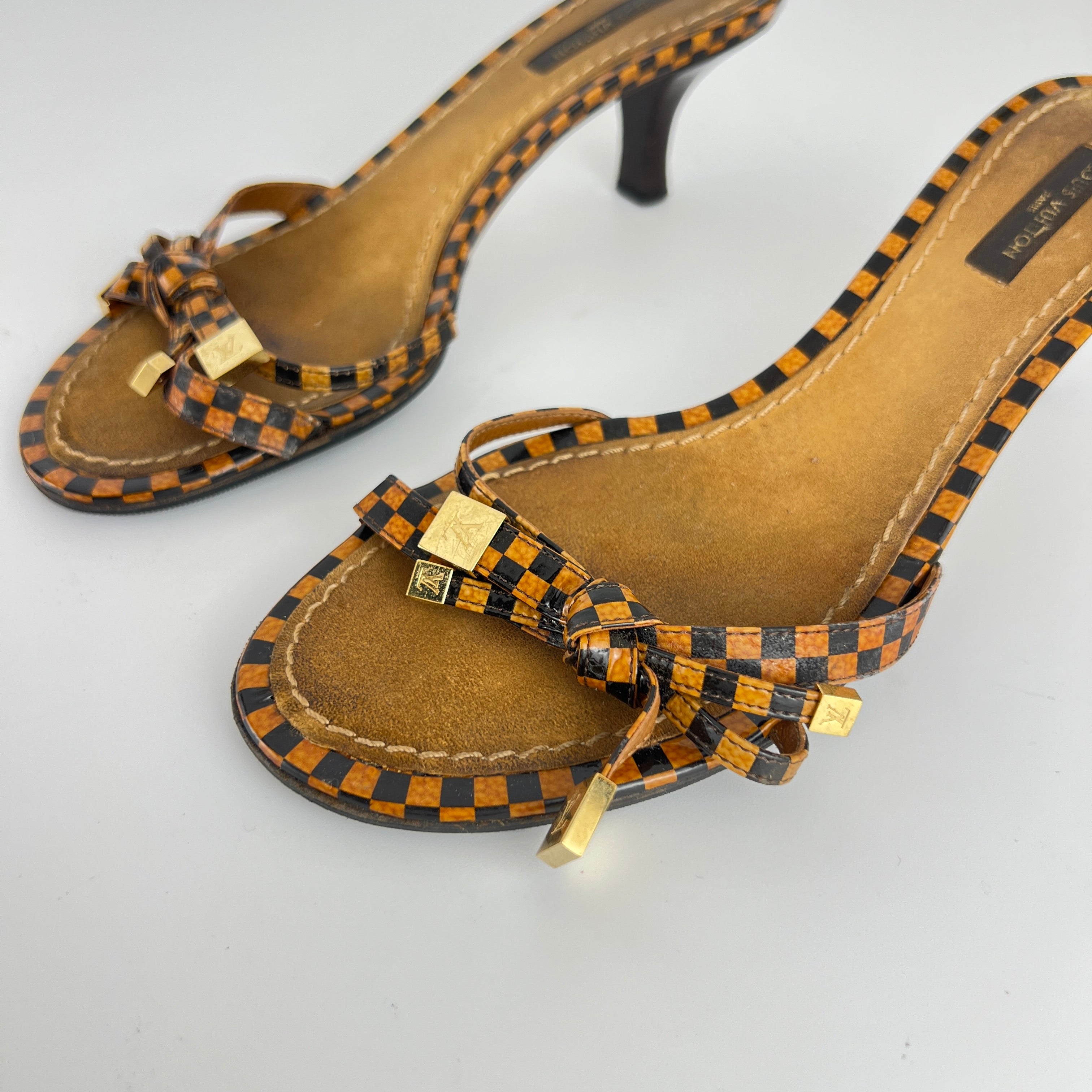 Louis Vuitton | Vintage Damier Gold Logo Checkered Kitten Heel Slide Mules (36)