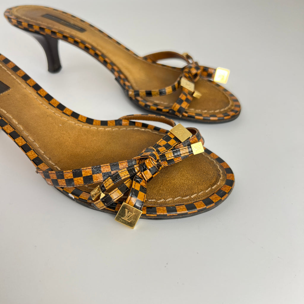 Louis Vuitton | Vintage Damier Gold Logo Checkered Kitten Heel Slide Mules (36)