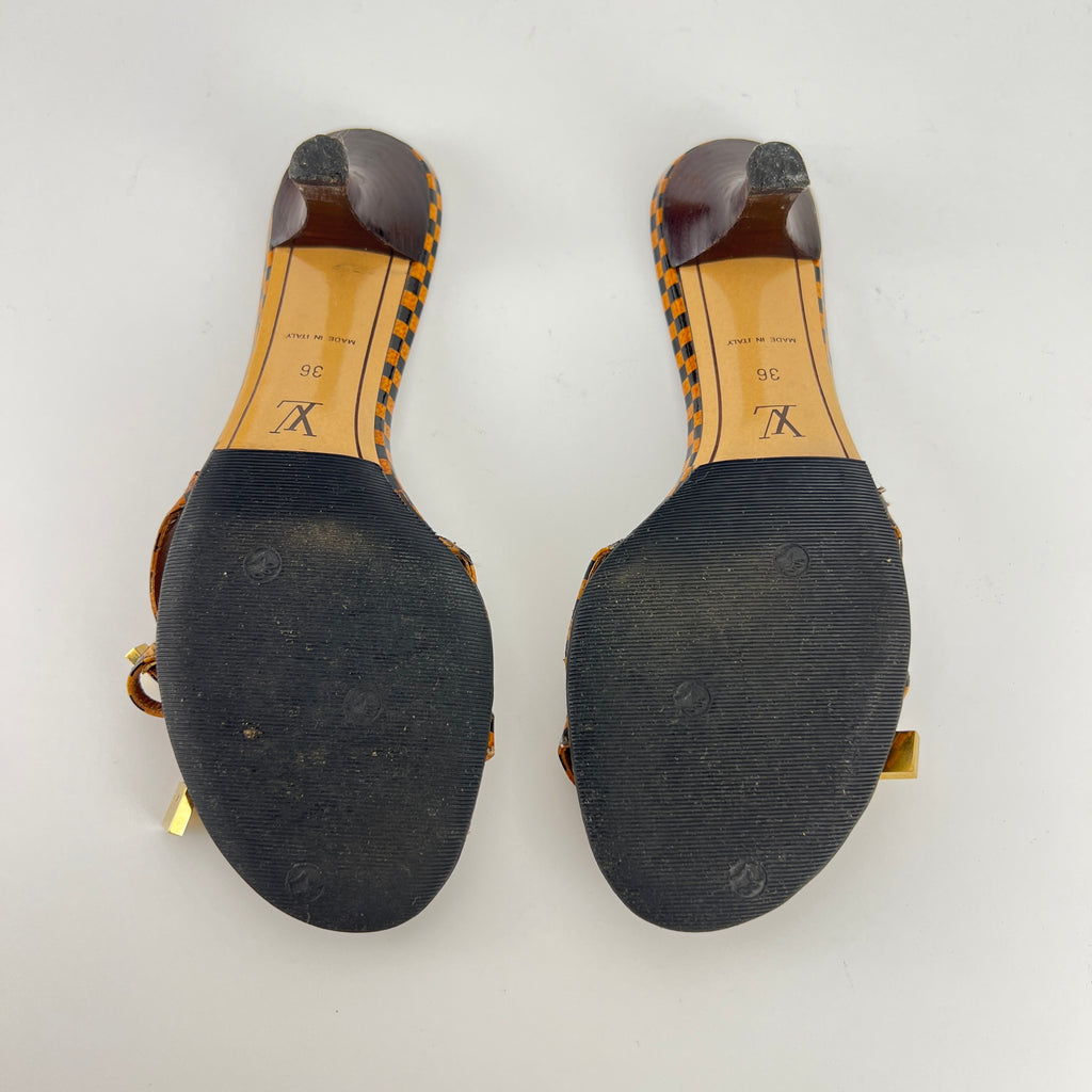 Louis Vuitton | Vintage Damier Gold Logo Checkered Kitten Heel Slide Mules (36)