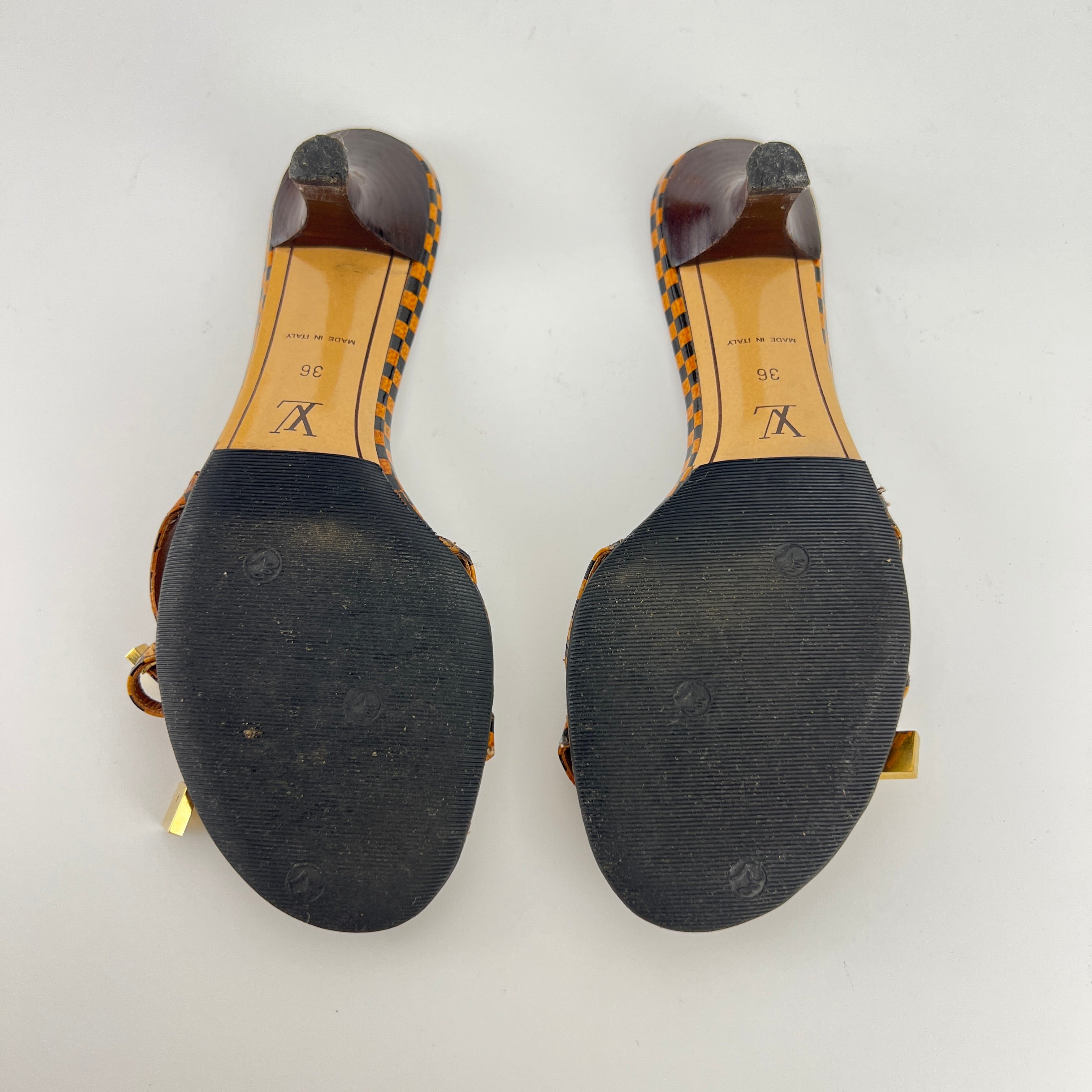 Louis Vuitton | Vintage Damier Gold Logo Checkered Kitten Heel Slide Mules (36)