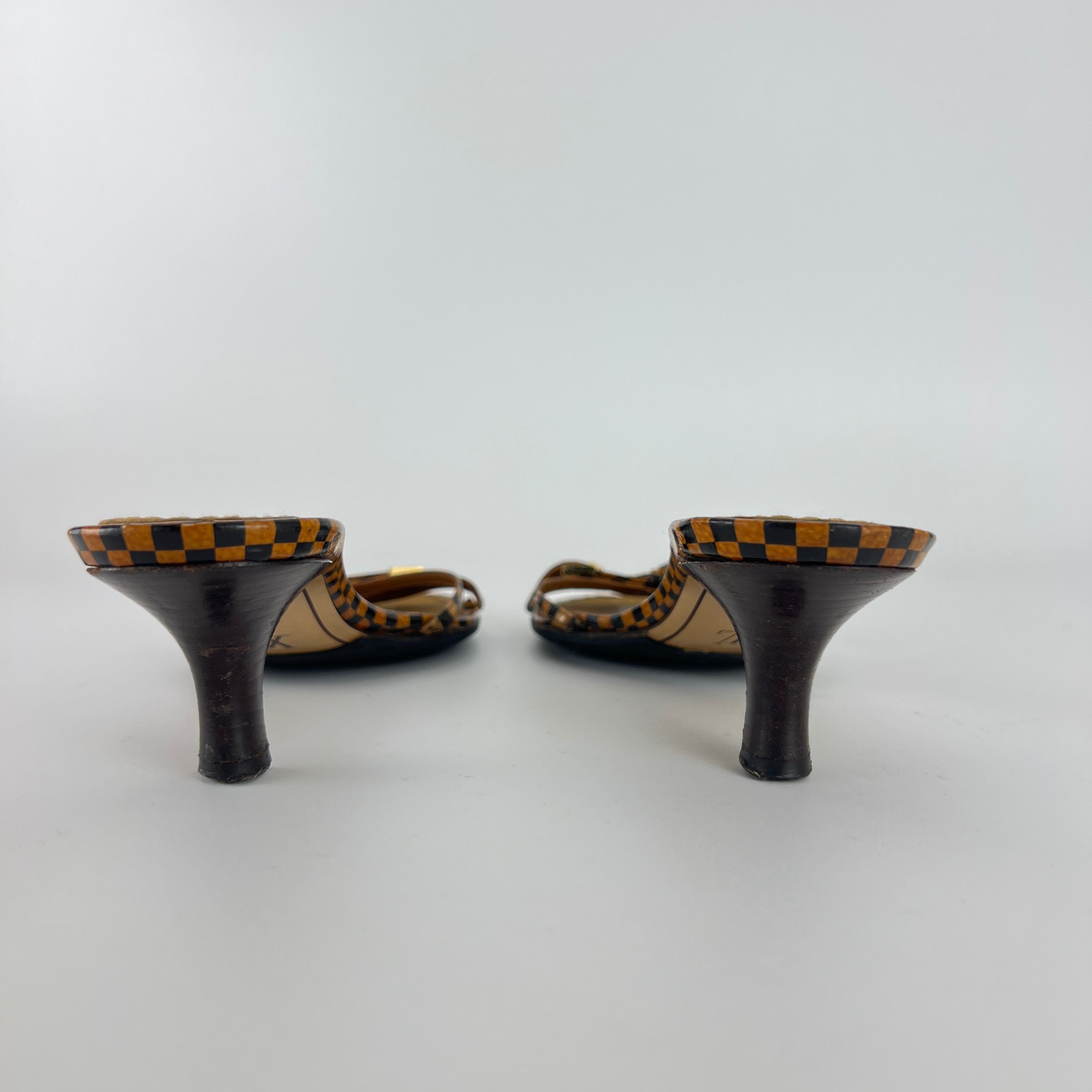 Louis Vuitton | Vintage Damier Gold Logo Checkered Kitten Heel Slide Mules (36)