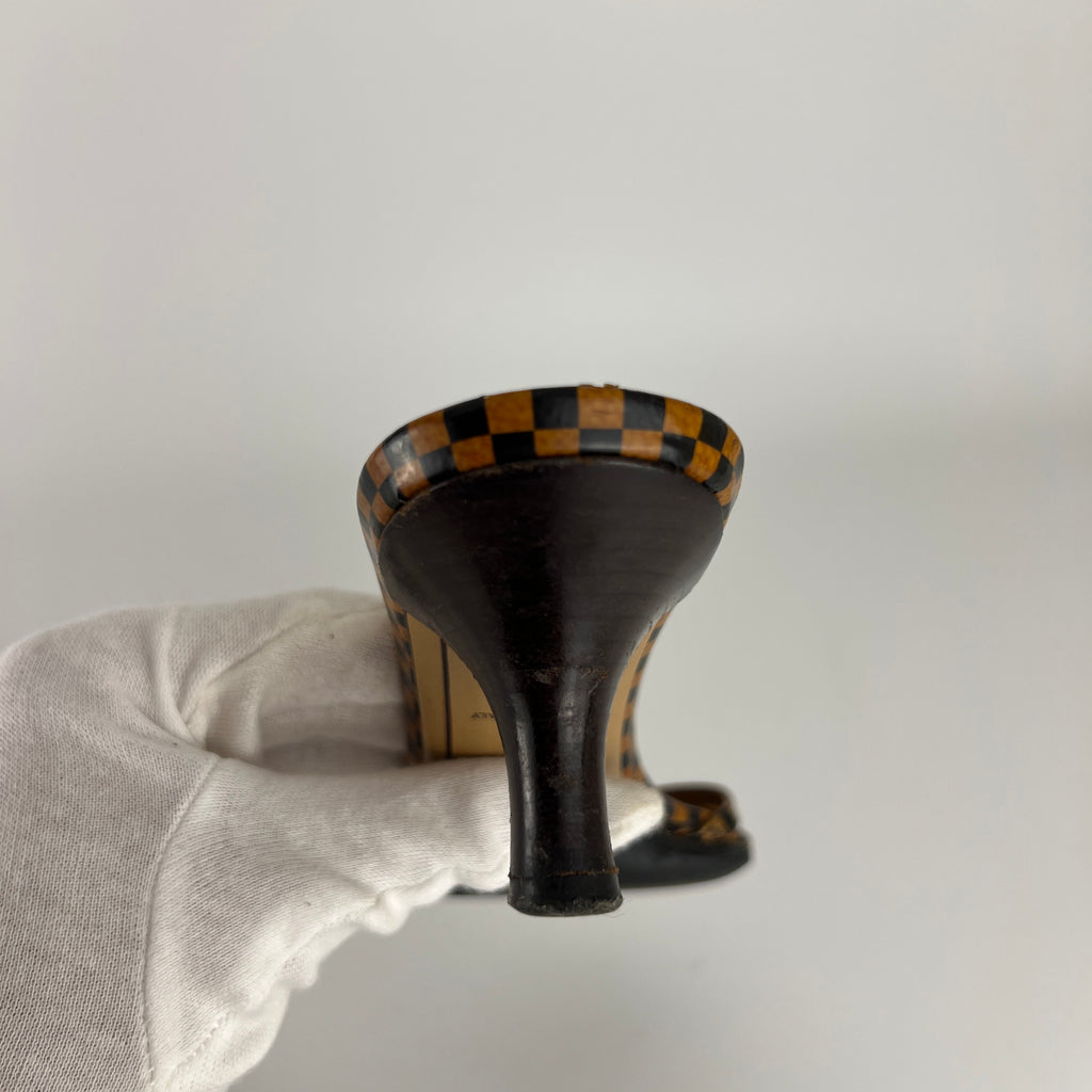 Louis Vuitton | Vintage Damier Gold Logo Checkered Kitten Heel Slide Mules (36)