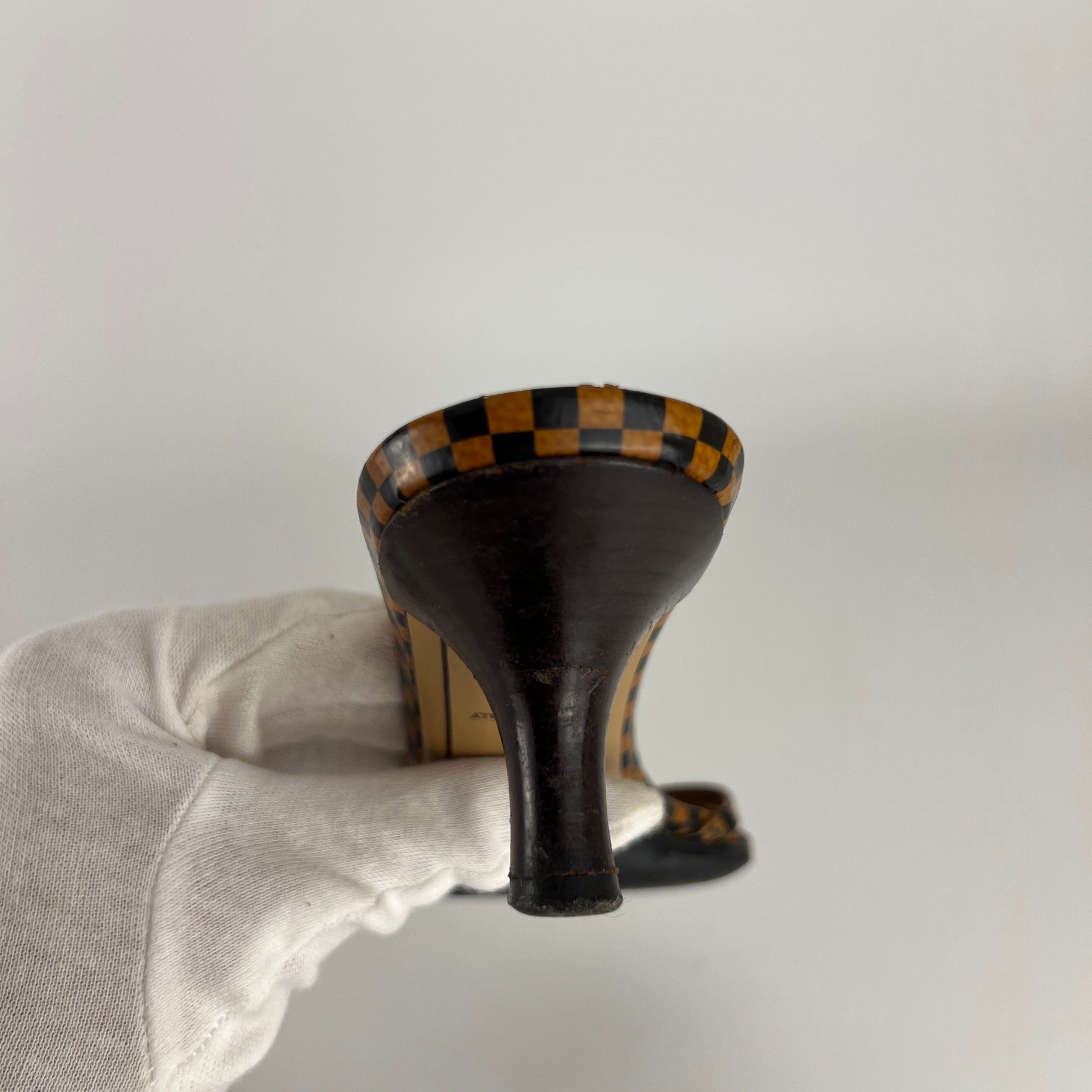 Louis Vuitton | Vintage Damier Gold Logo Checkered Kitten Heel Slide Mules (36)