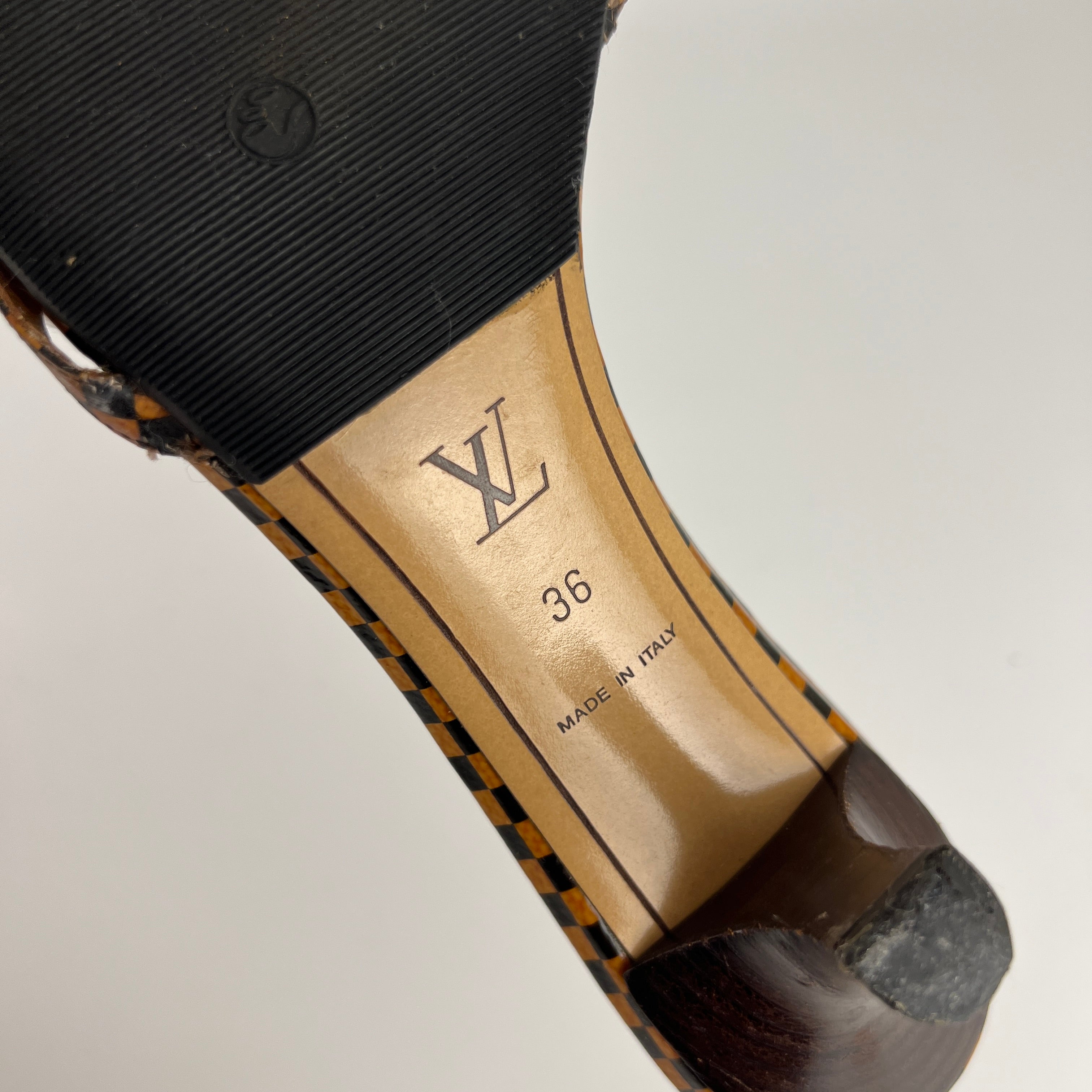 Louis Vuitton | Vintage Damier Gold Logo Checkered Kitten Heel Slide Mules (36)