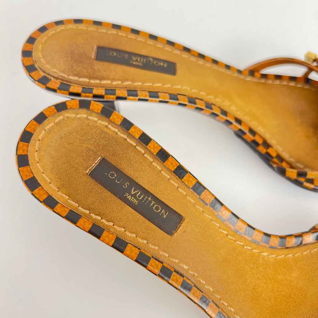 Louis Vuitton | Vintage Damier Gold Logo Checkered Kitten Heel Slide Mules (36)