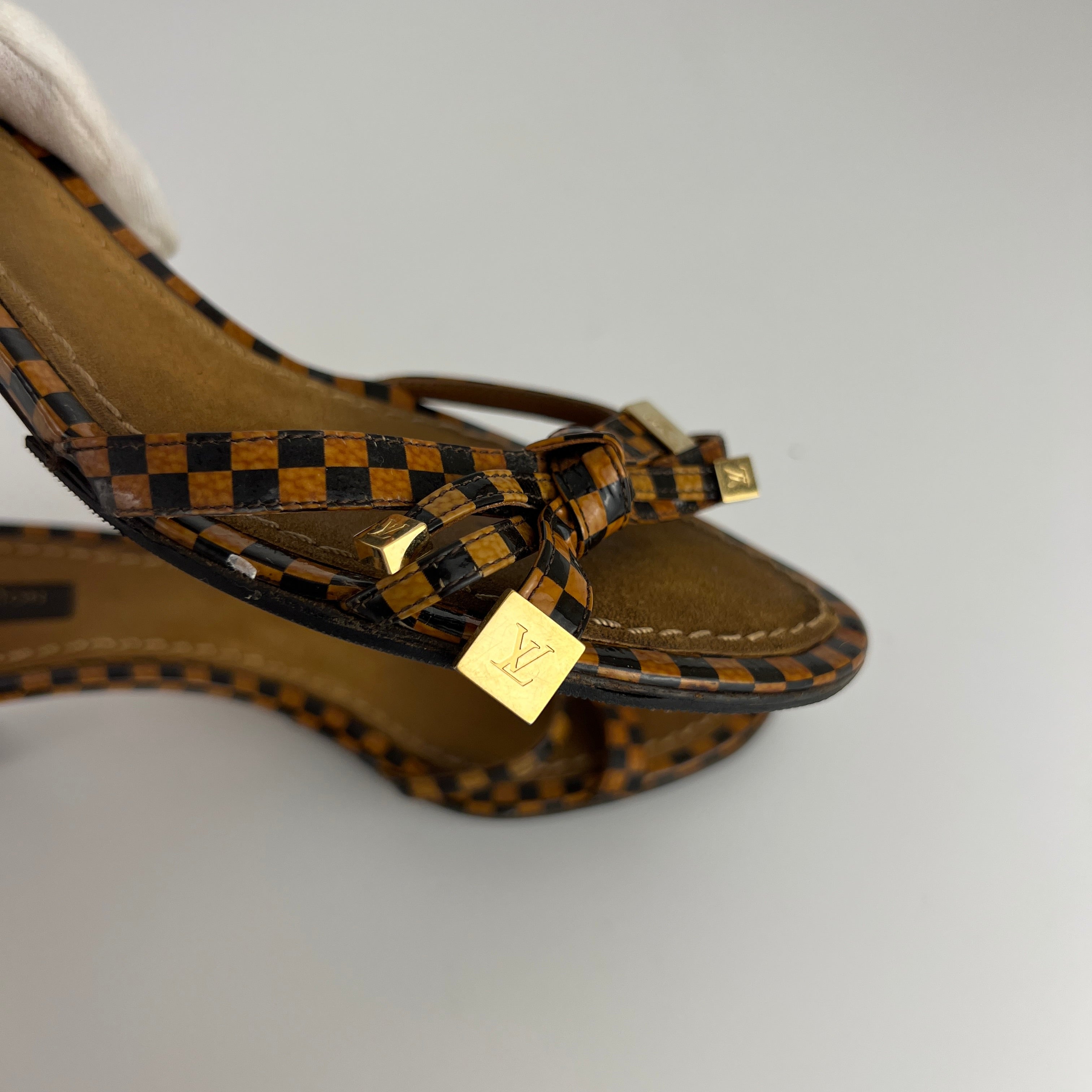 Louis Vuitton | Vintage Damier Gold Logo Checkered Kitten Heel Slide Mules (36)