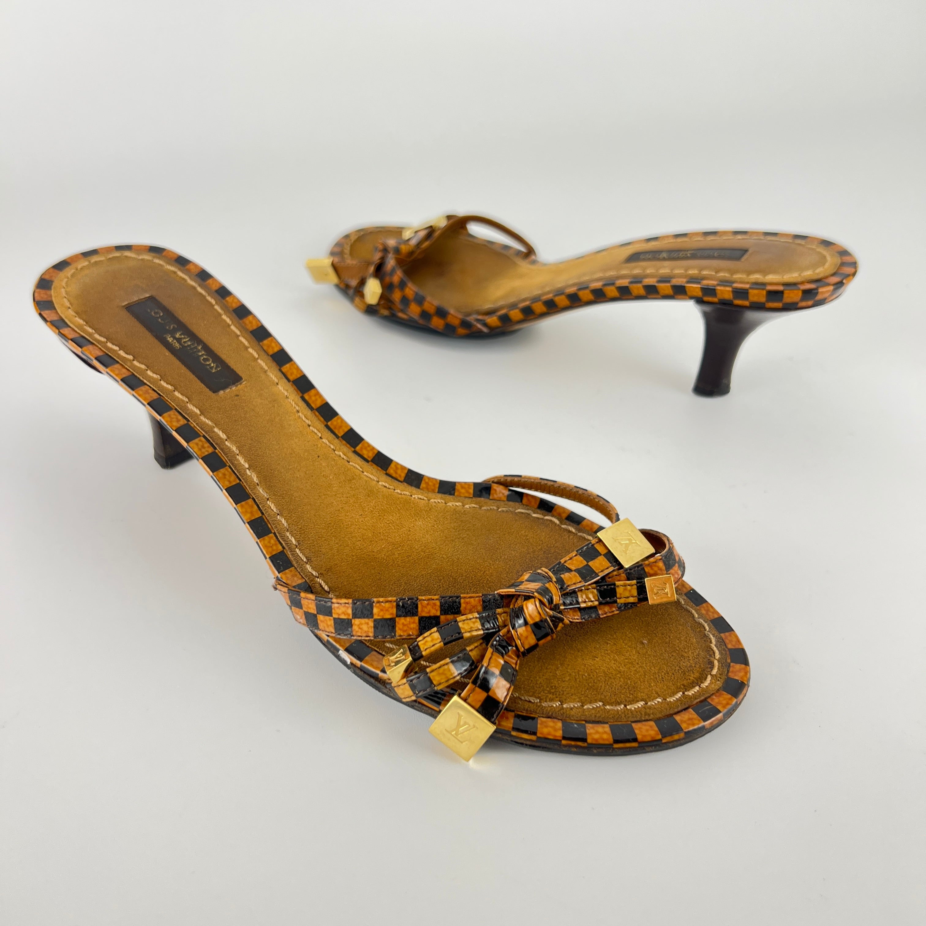 Louis Vuitton | Vintage Damier Gold Logo Checkered Kitten Heel Slide Mules (36)