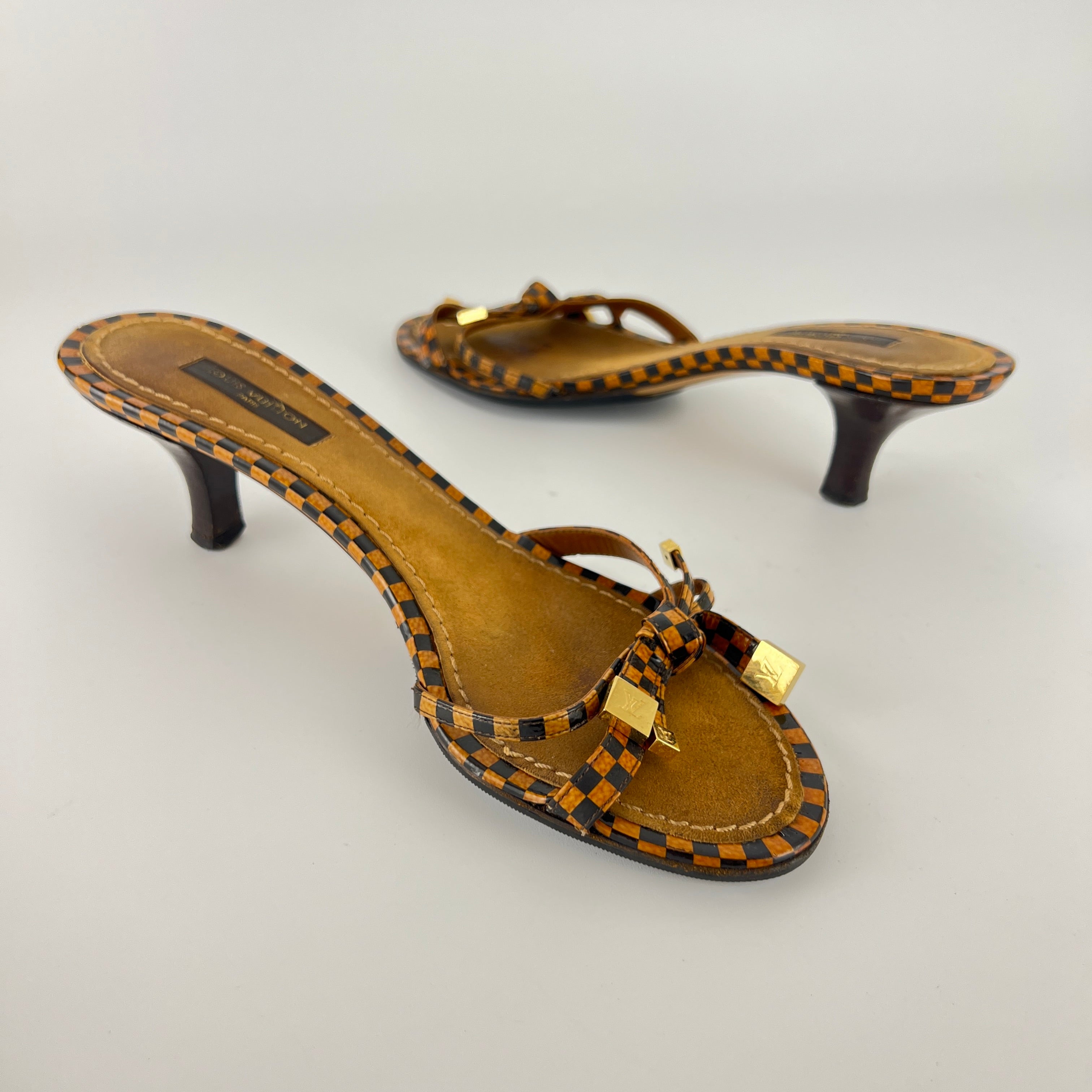 Louis Vuitton | Vintage Damier Gold Logo Checkered Kitten Heel Slide Mules (36)