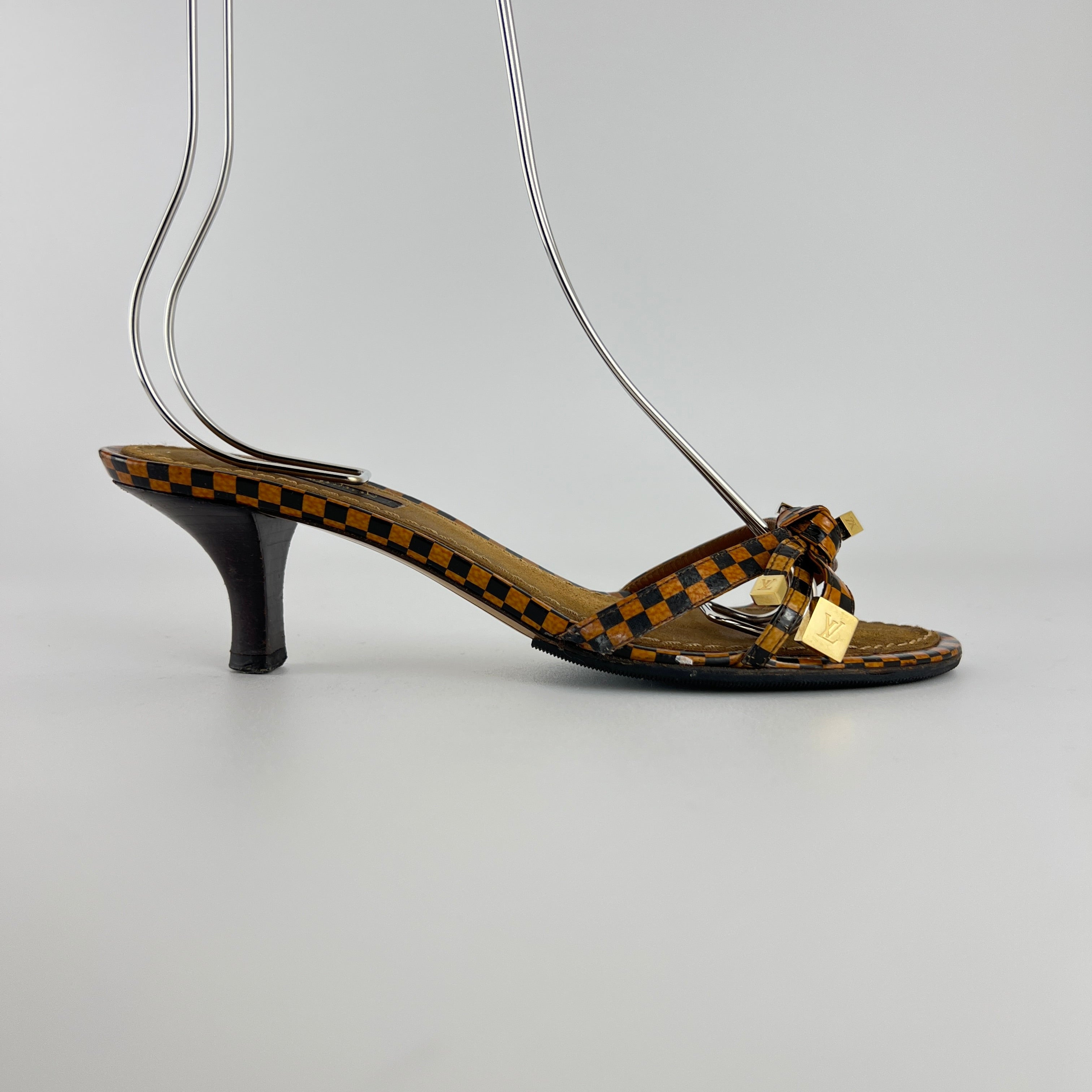 Louis Vuitton | Vintage Damier Gold Logo Checkered Kitten Heel Slide Mules (36)
